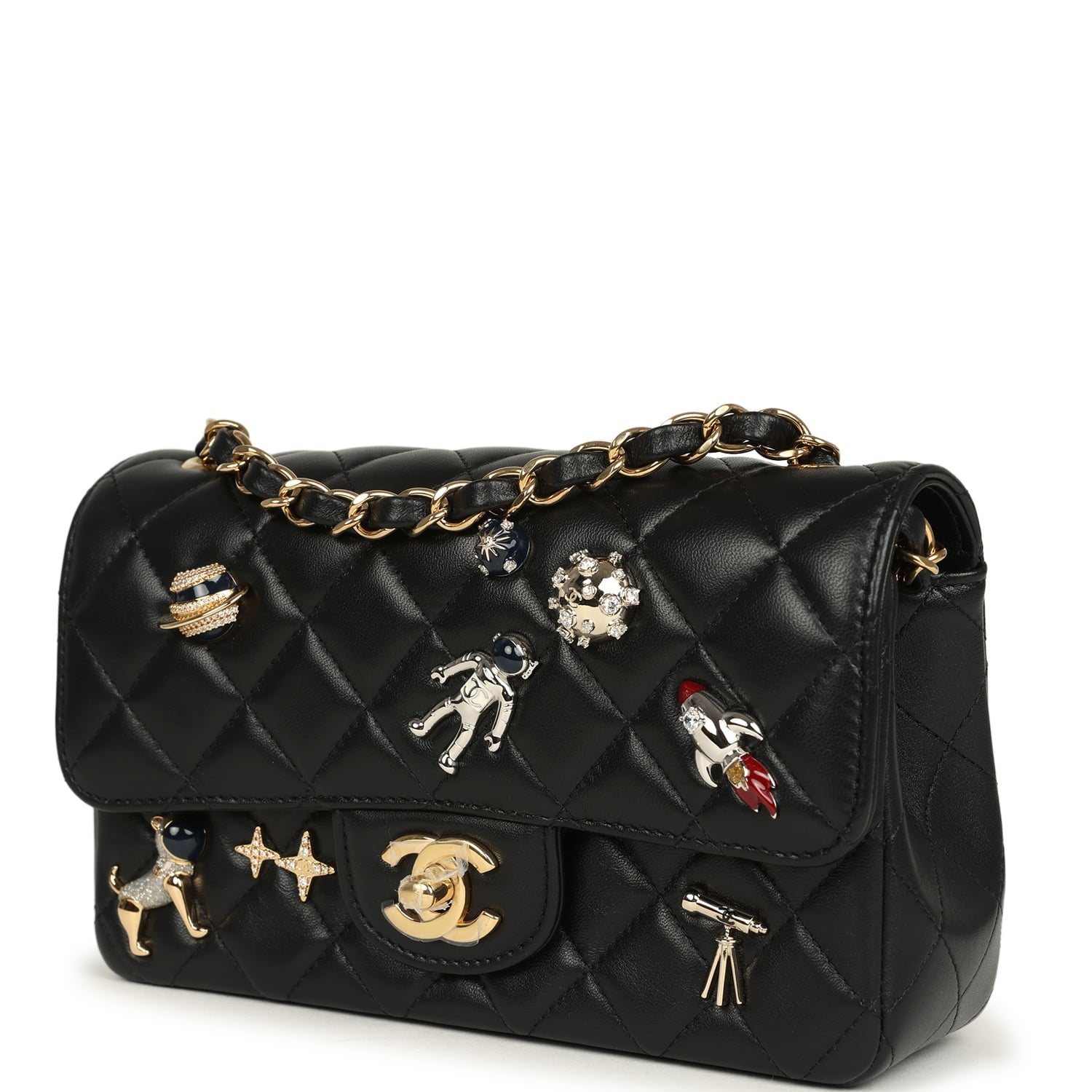 Mini Classic "Space Charms" Rectangular Flap Bag Black Lambskin Gold Hardware