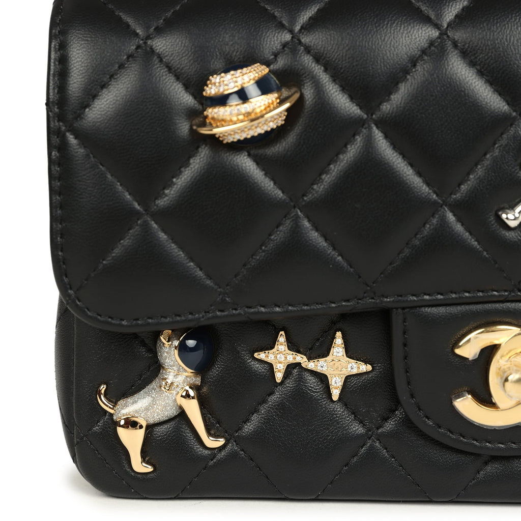 Mini Classic "Space Charms" Rectangular Flap Bag Black Lambskin Gold Hardware