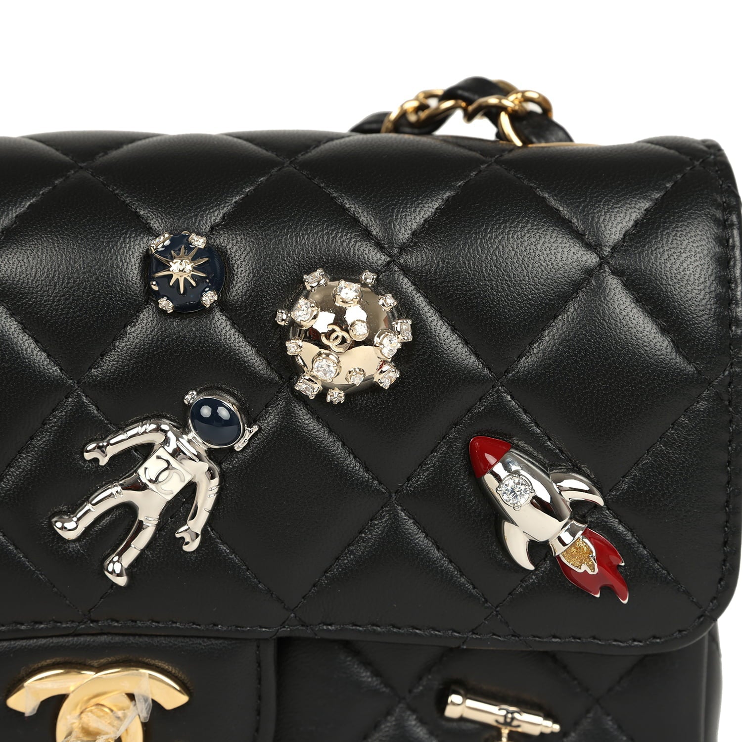 Mini Classic "Space Charms" Rectangular Flap Bag Black Lambskin Gold Hardware