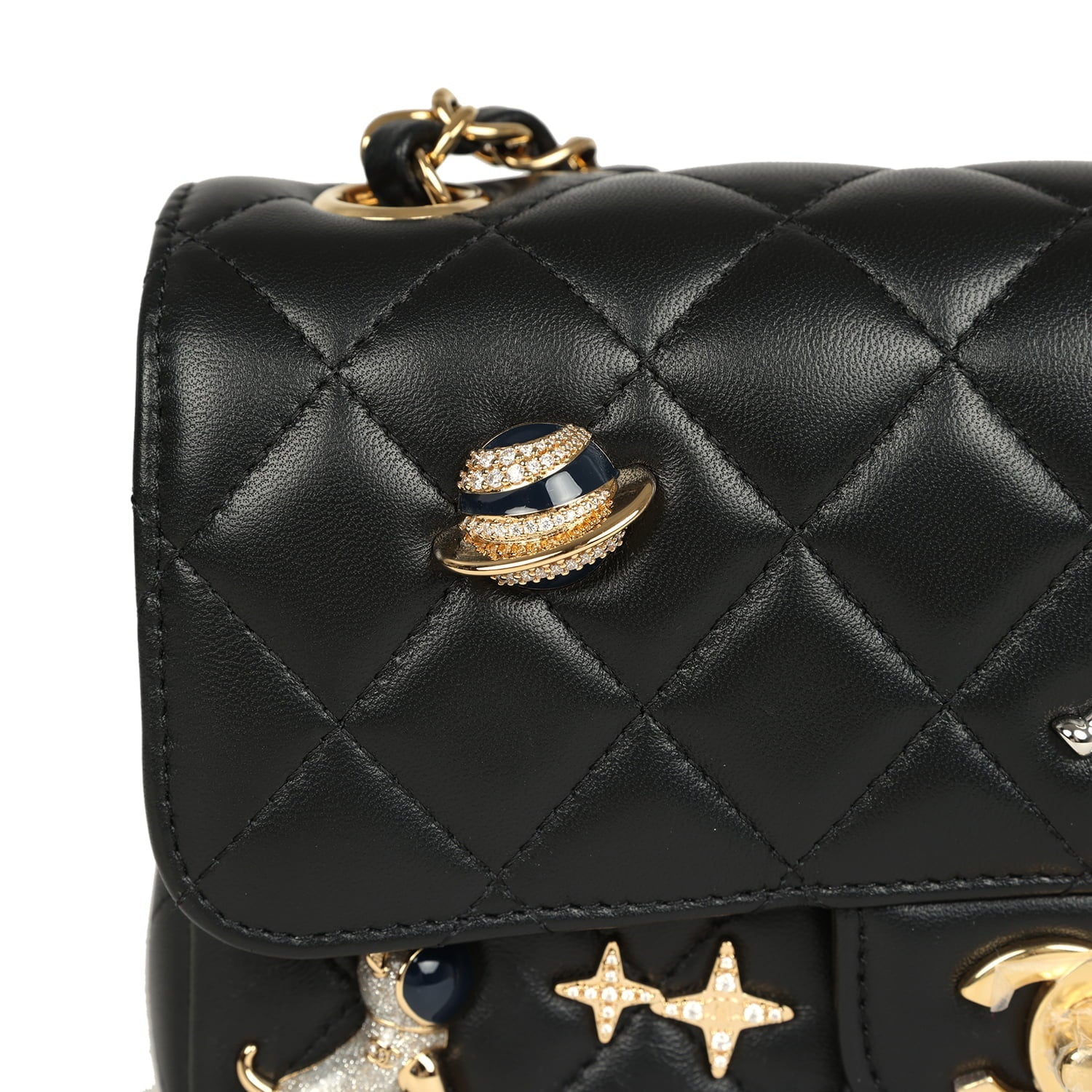 Mini Classic "Space Charms" Rectangular Flap Bag Black Lambskin Gold Hardware