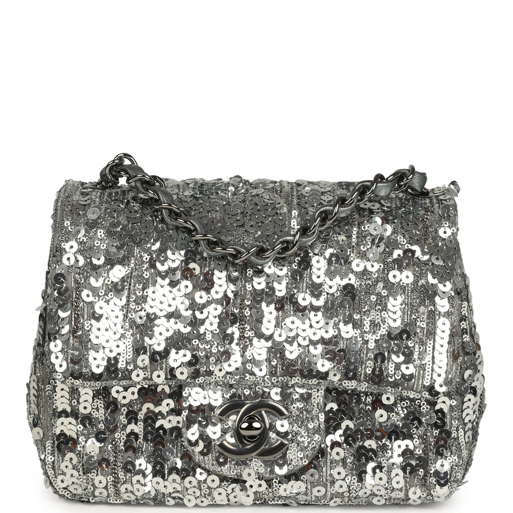Mini Classic Square Flap Bag Metallic Silver Sequins Ruthenium Hardware