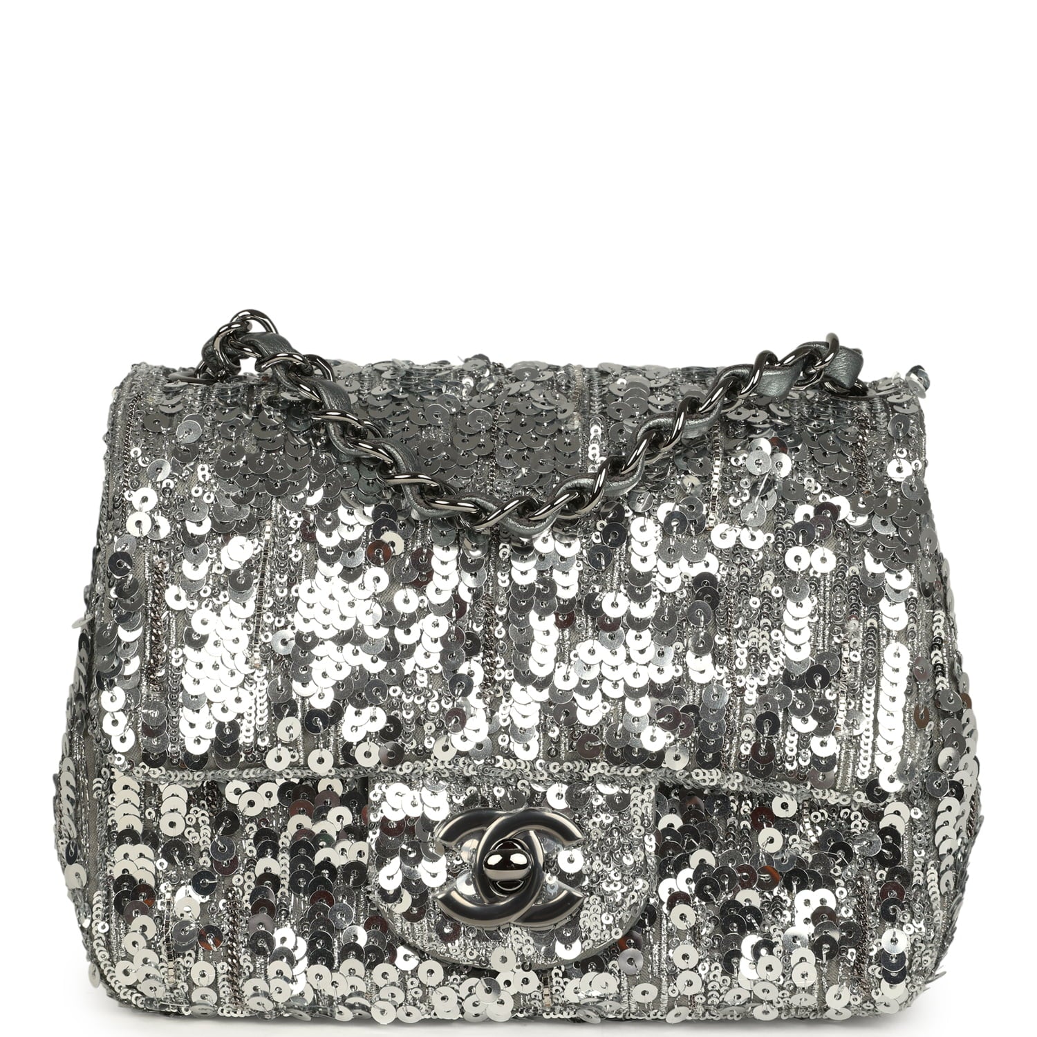 Mini Classic Square Flap Bag Metallic Silver Sequins Ruthenium Hardware