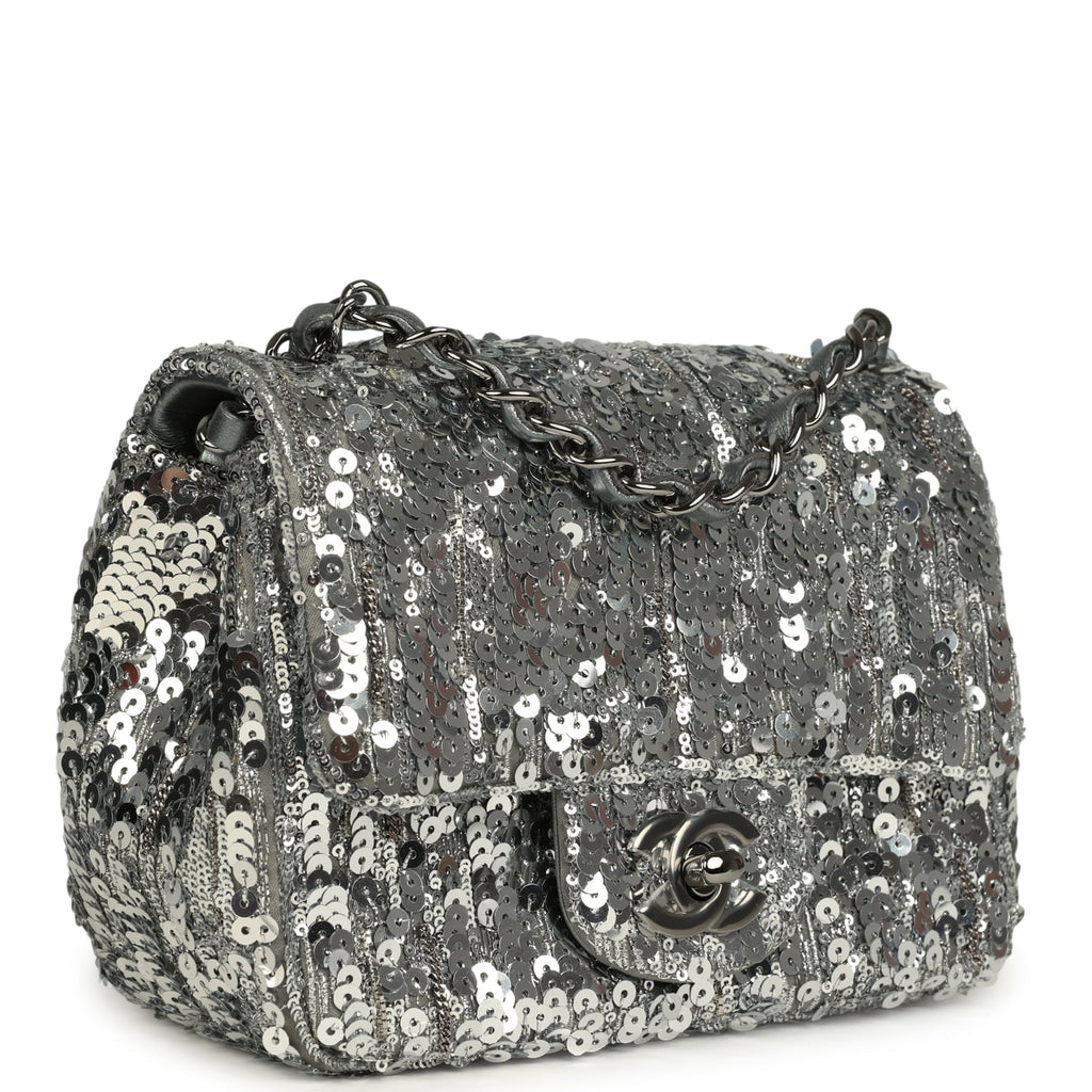 Mini Classic Square Flap Bag Metallic Silver Sequins Ruthenium Hardware