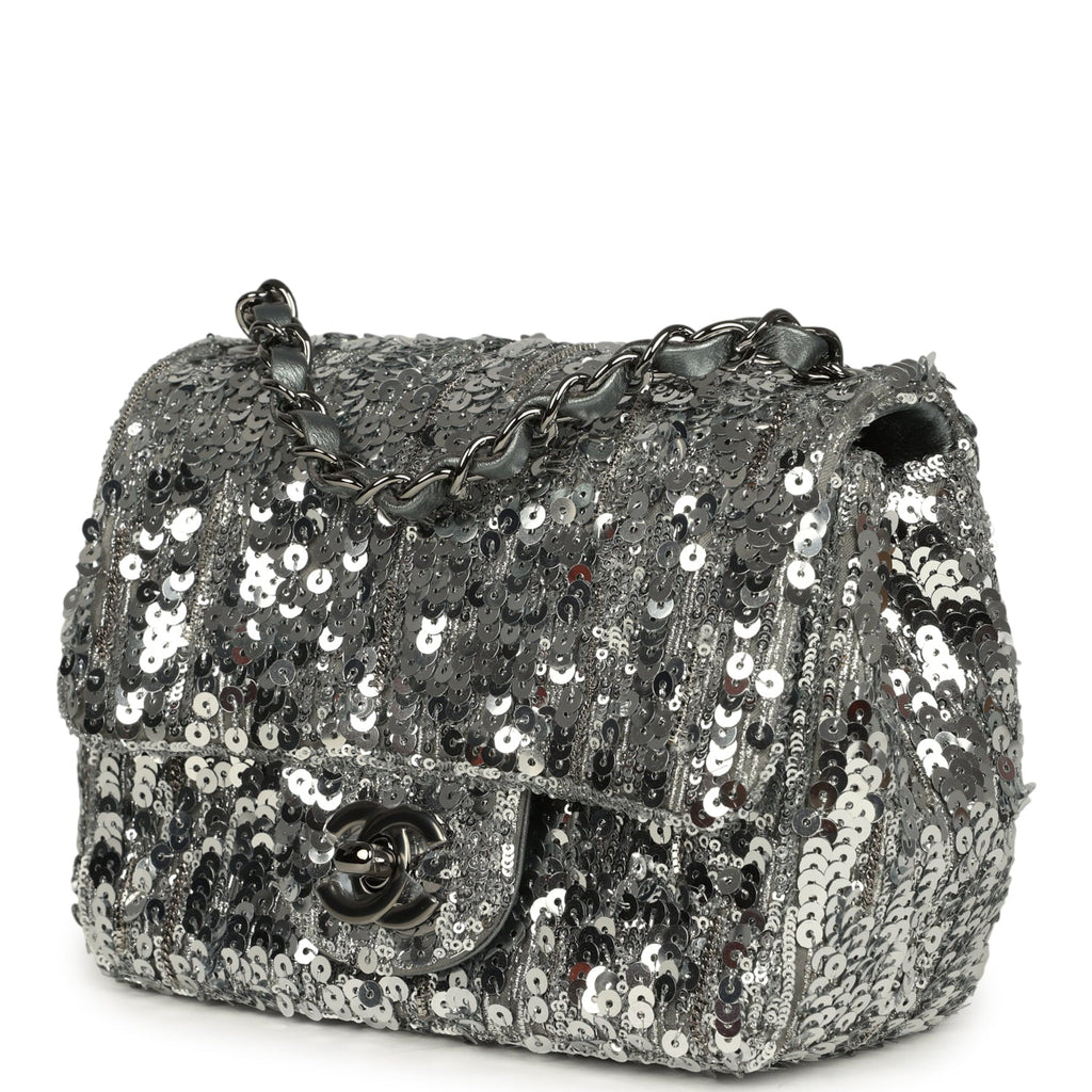 Mini Classic Square Flap Bag Metallic Silver Sequins Ruthenium Hardware