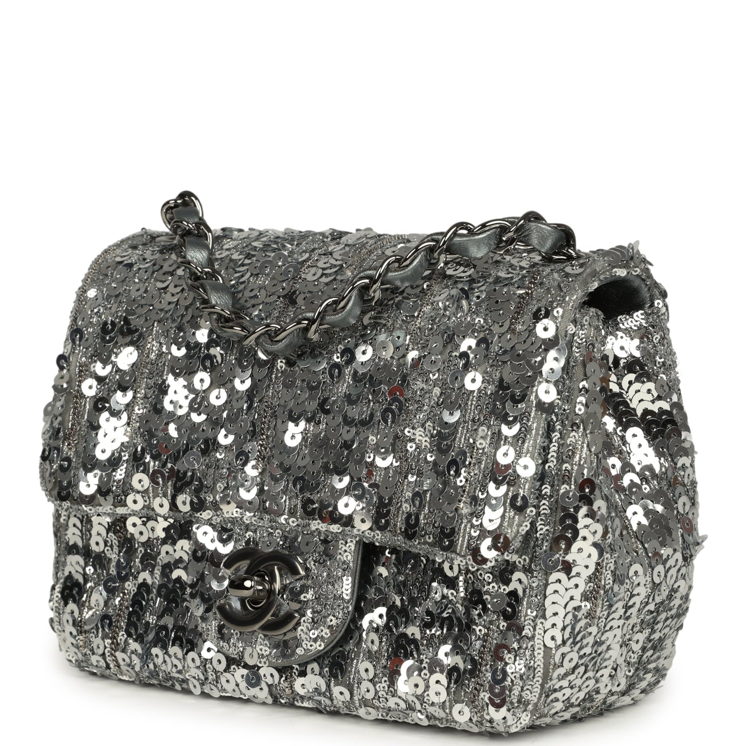 Mini Classic Square Flap Bag Metallic Silver Sequins Ruthenium Hardware