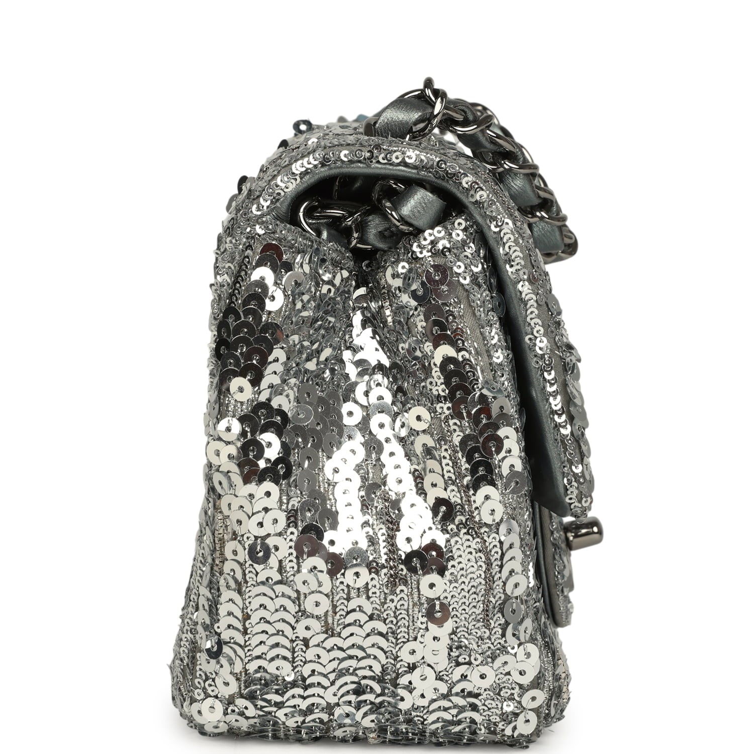 Mini Classic Square Flap Bag Metallic Silver Sequins Ruthenium Hardware