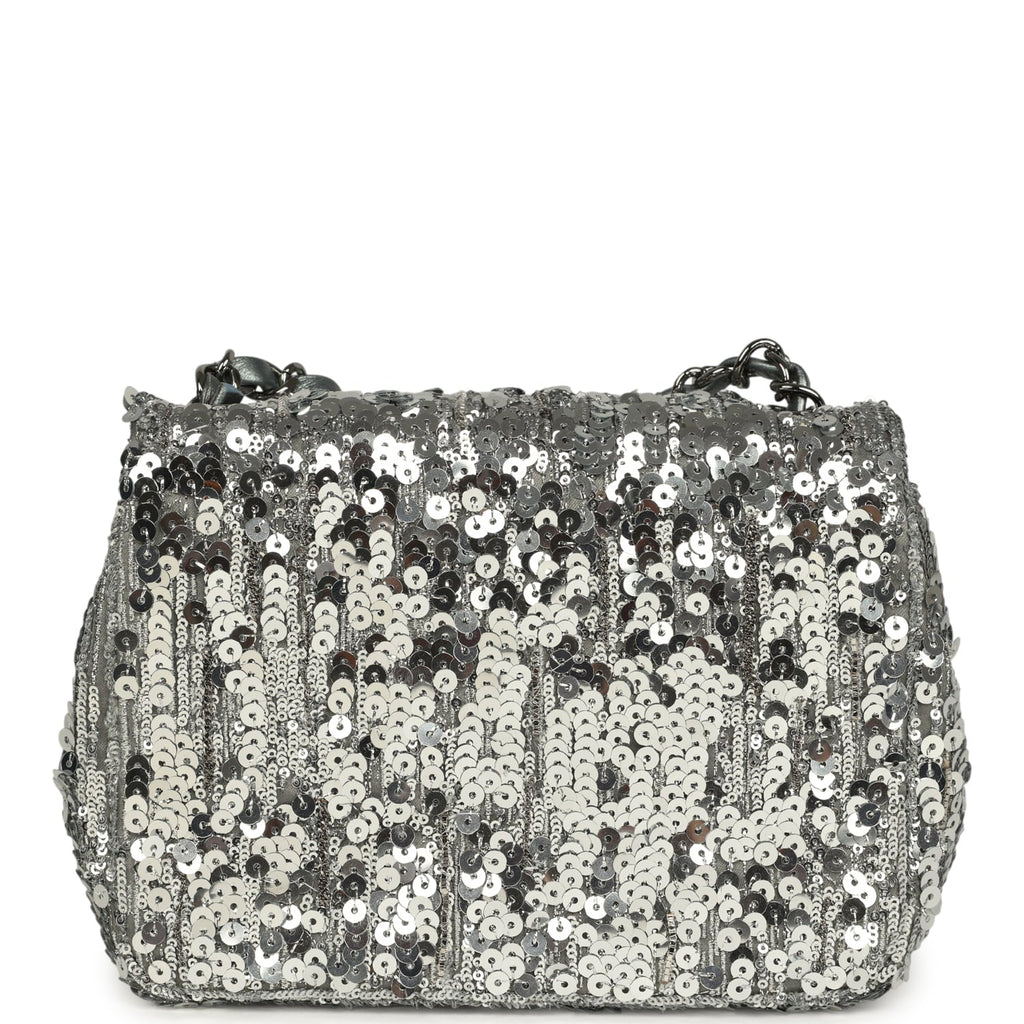 Mini Classic Square Flap Bag Metallic Silver Sequins Ruthenium Hardware