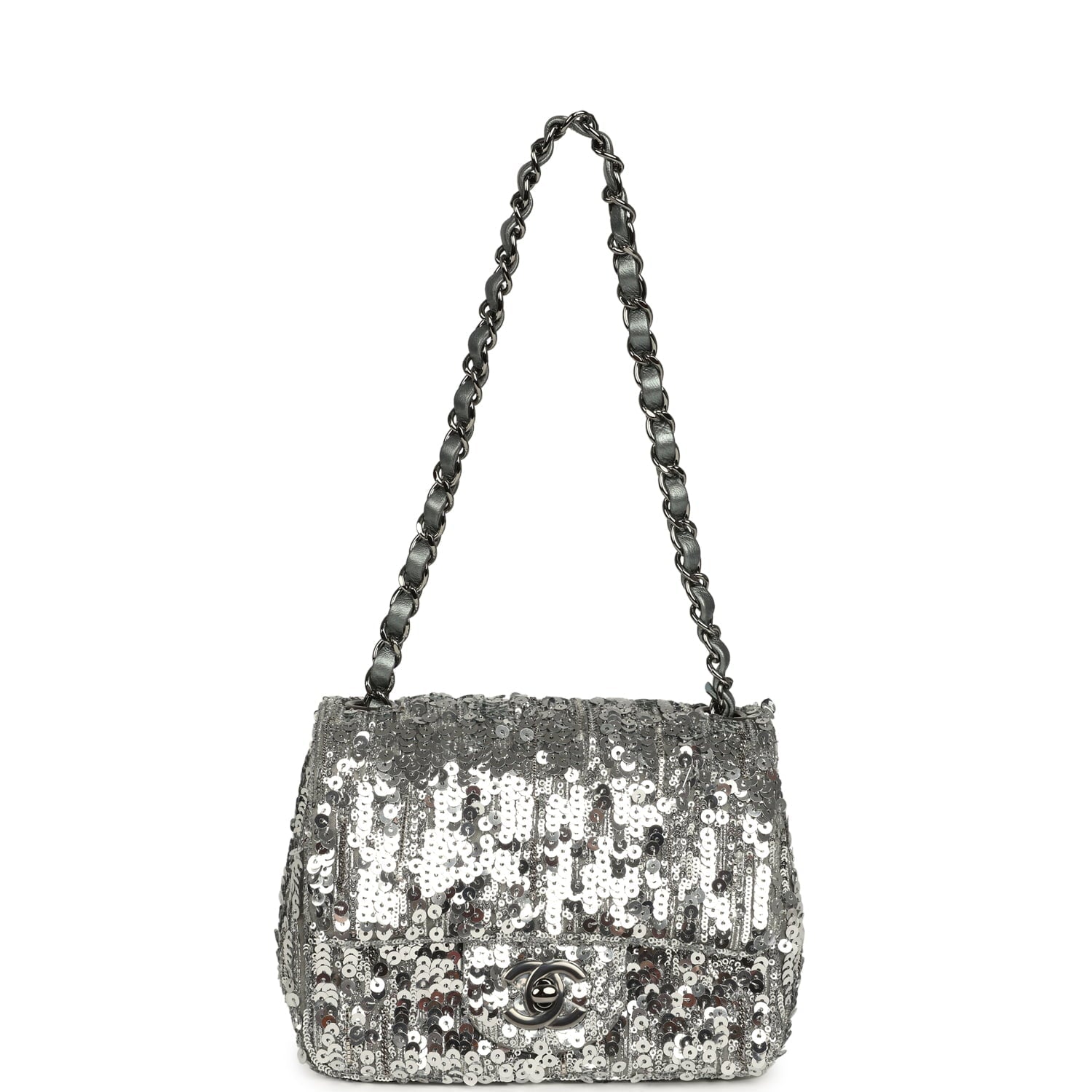 Mini Classic Square Flap Bag Metallic Silver Sequins Ruthenium Hardware