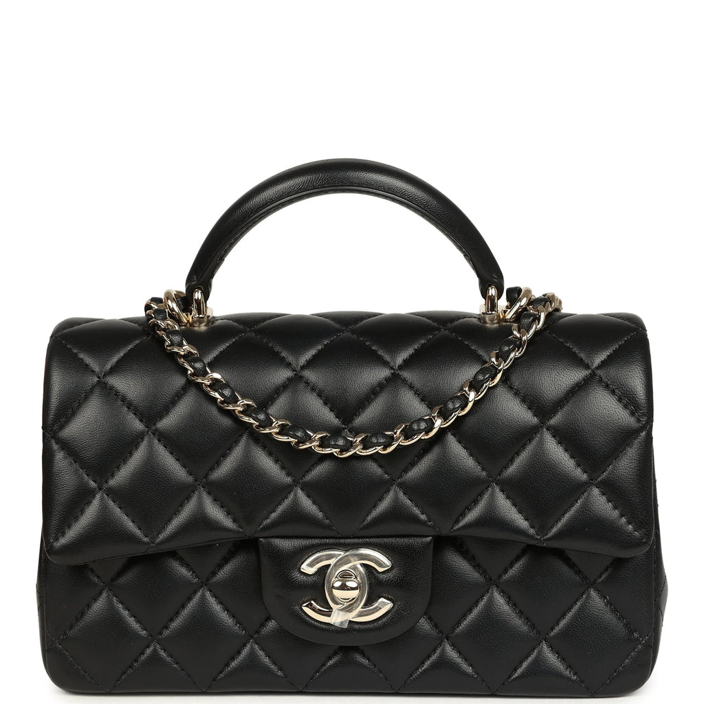 Mini Classic Rectangular Top Handle Flap Bag Black Lambskin Light Gold Hardware