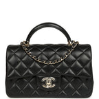 Mini Classic Rectangular Top Handle Flap Bag Black Lambskin Light Gold Hardware