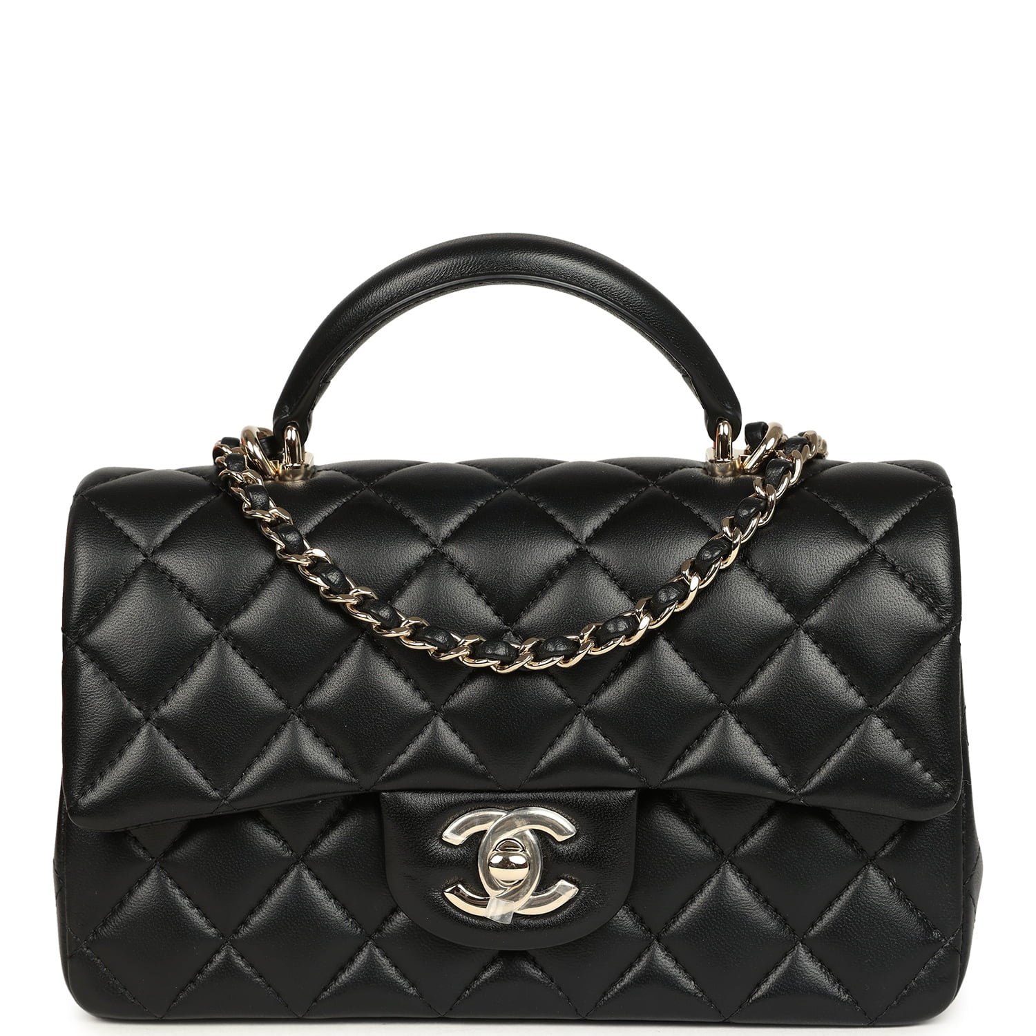 Mini Classic Rectangular Top Handle Flap Bag Black Lambskin Light Gold Hardware