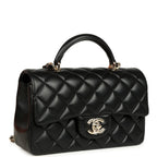 Mini Classic Rectangular Top Handle Flap Bag Black Lambskin Light Gold Hardware