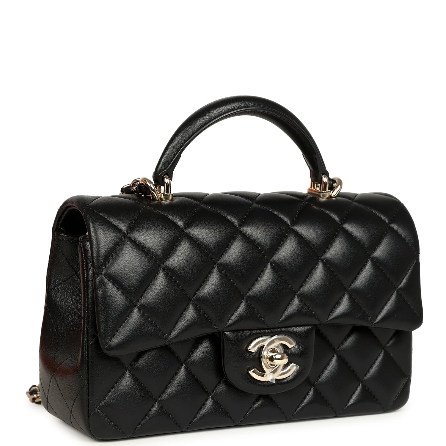 Mini Classic Rectangular Top Handle Flap Bag Black Lambskin Light Gold Hardware