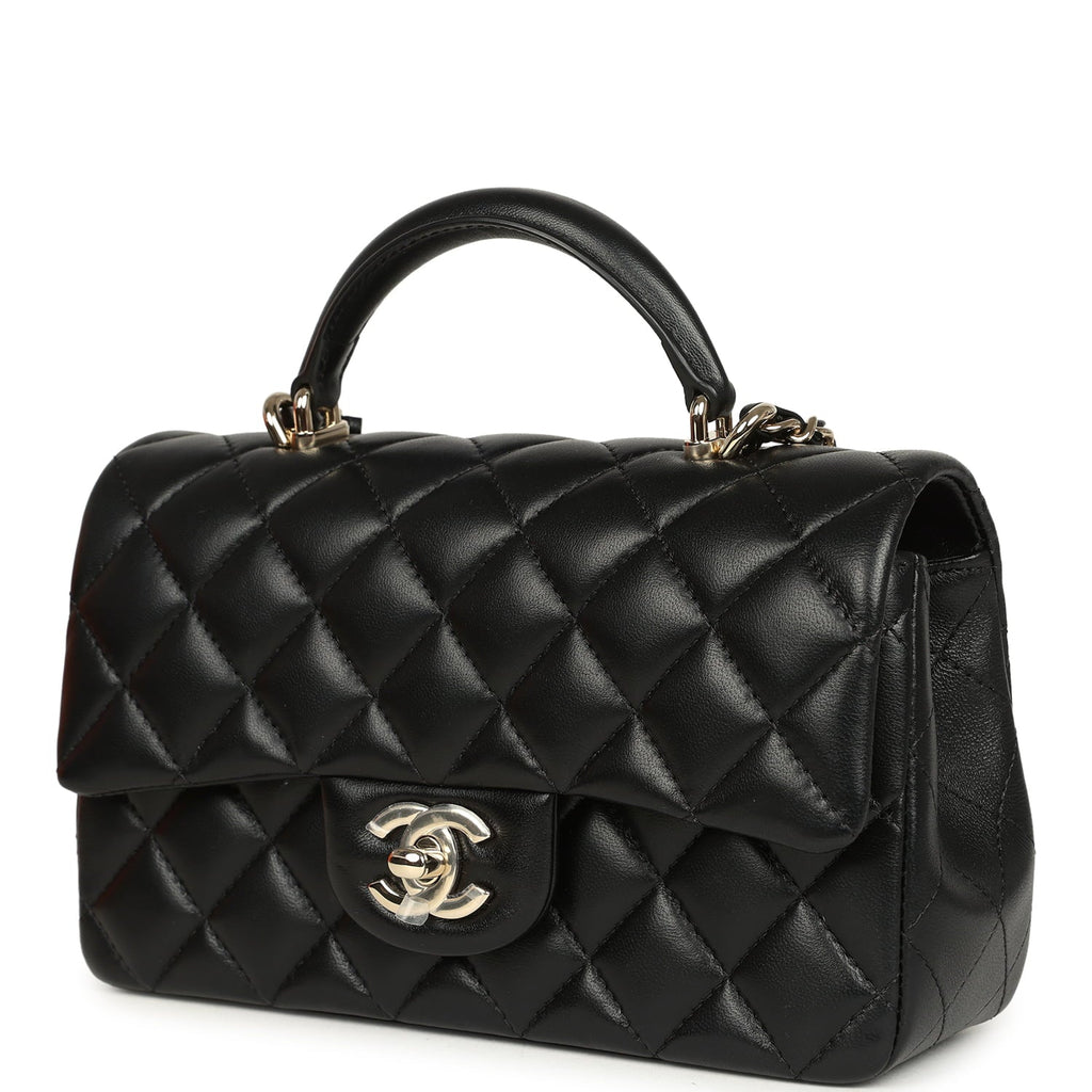 Mini Classic Rectangular Top Handle Flap Bag Black Lambskin Light Gold Hardware