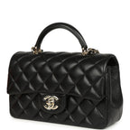 Mini Classic Rectangular Top Handle Flap Bag Black Lambskin Light Gold Hardware