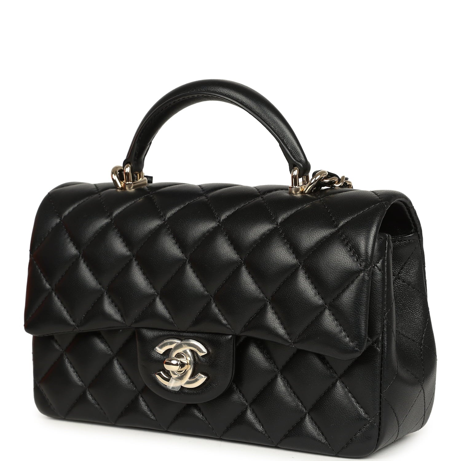 Mini Classic Rectangular Top Handle Flap Bag Black Lambskin Light Gold Hardware