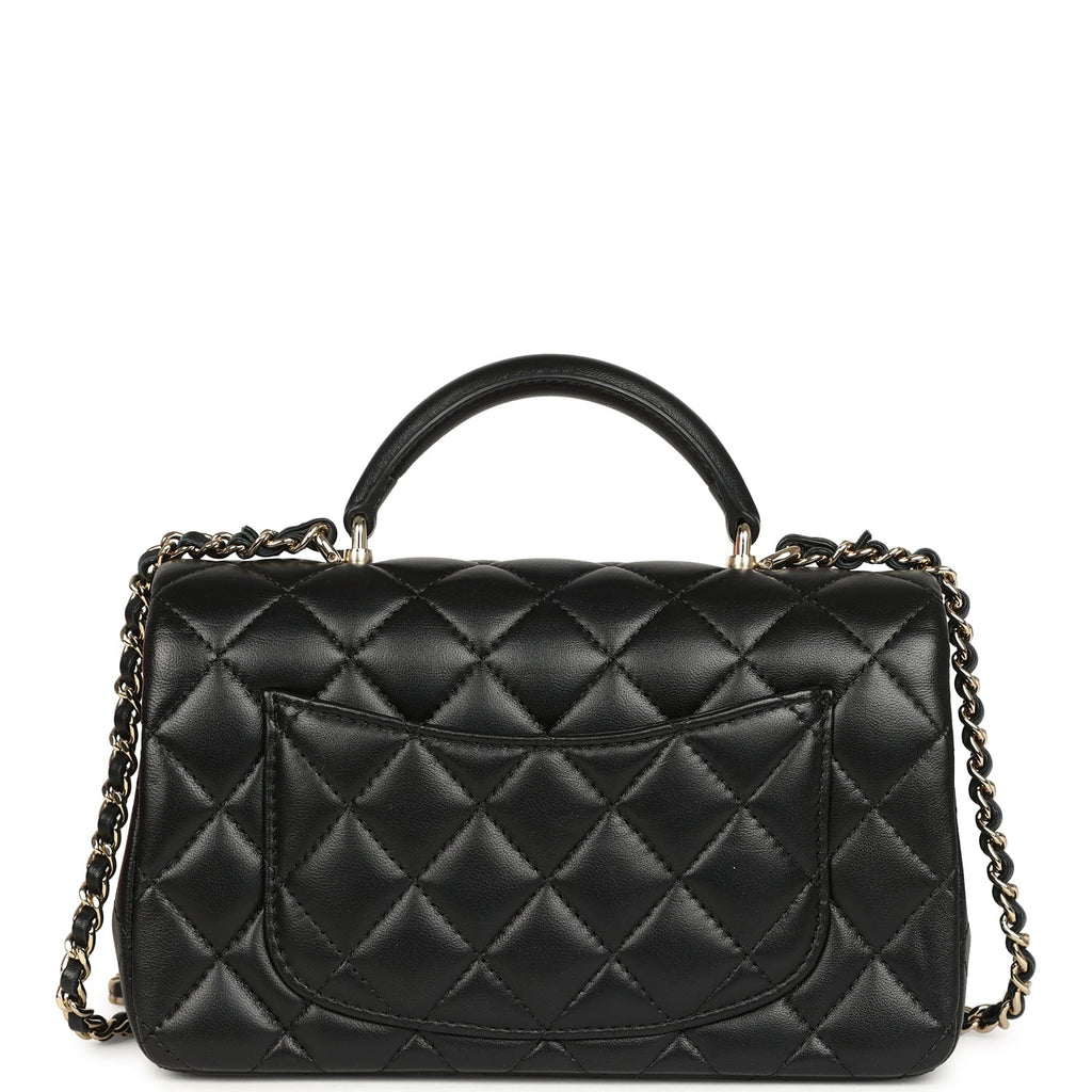Mini Classic Rectangular Top Handle Flap Bag Black Lambskin Light Gold Hardware