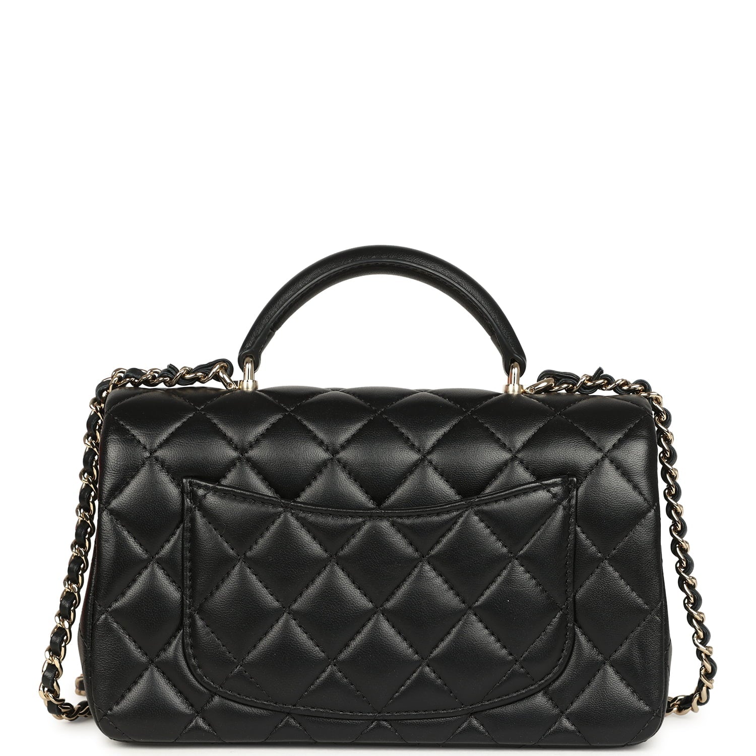 Mini Classic Rectangular Top Handle Flap Bag Black Lambskin Light Gold Hardware