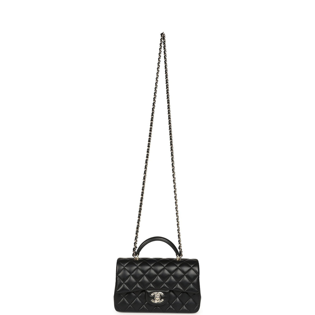 Mini Classic Rectangular Top Handle Flap Bag Black Lambskin Light Gold Hardware