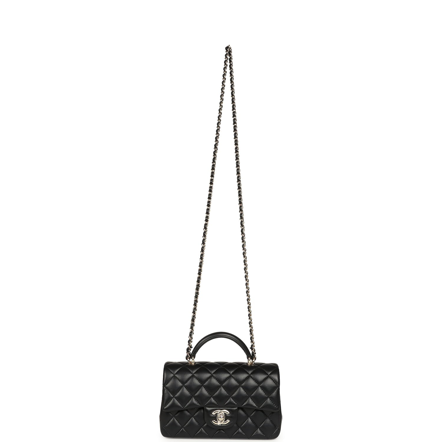 Mini Classic Rectangular Top Handle Flap Bag Black Lambskin Light Gold Hardware