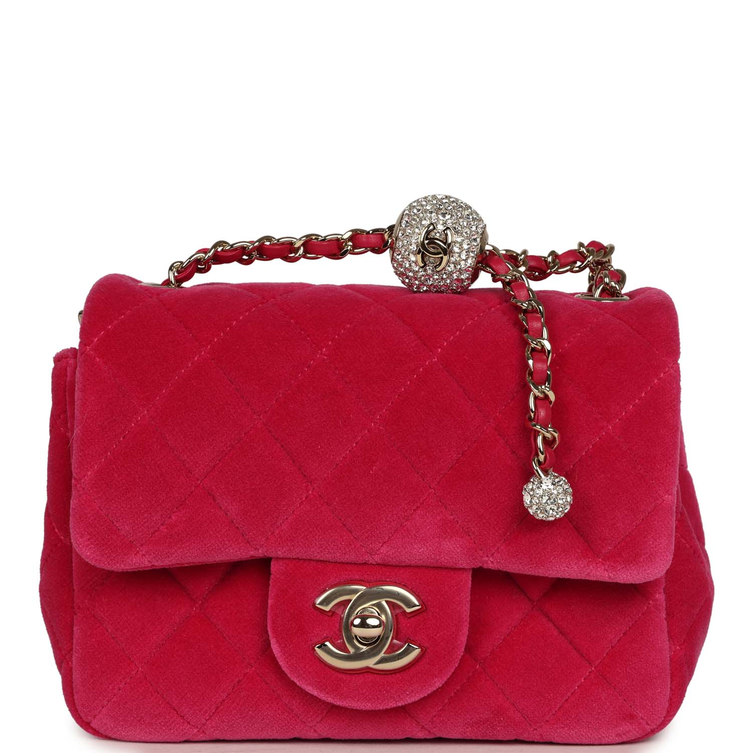 Mini Pearl Crush Square Flap Bag Fuchsia Velvet Light Gold Hardware