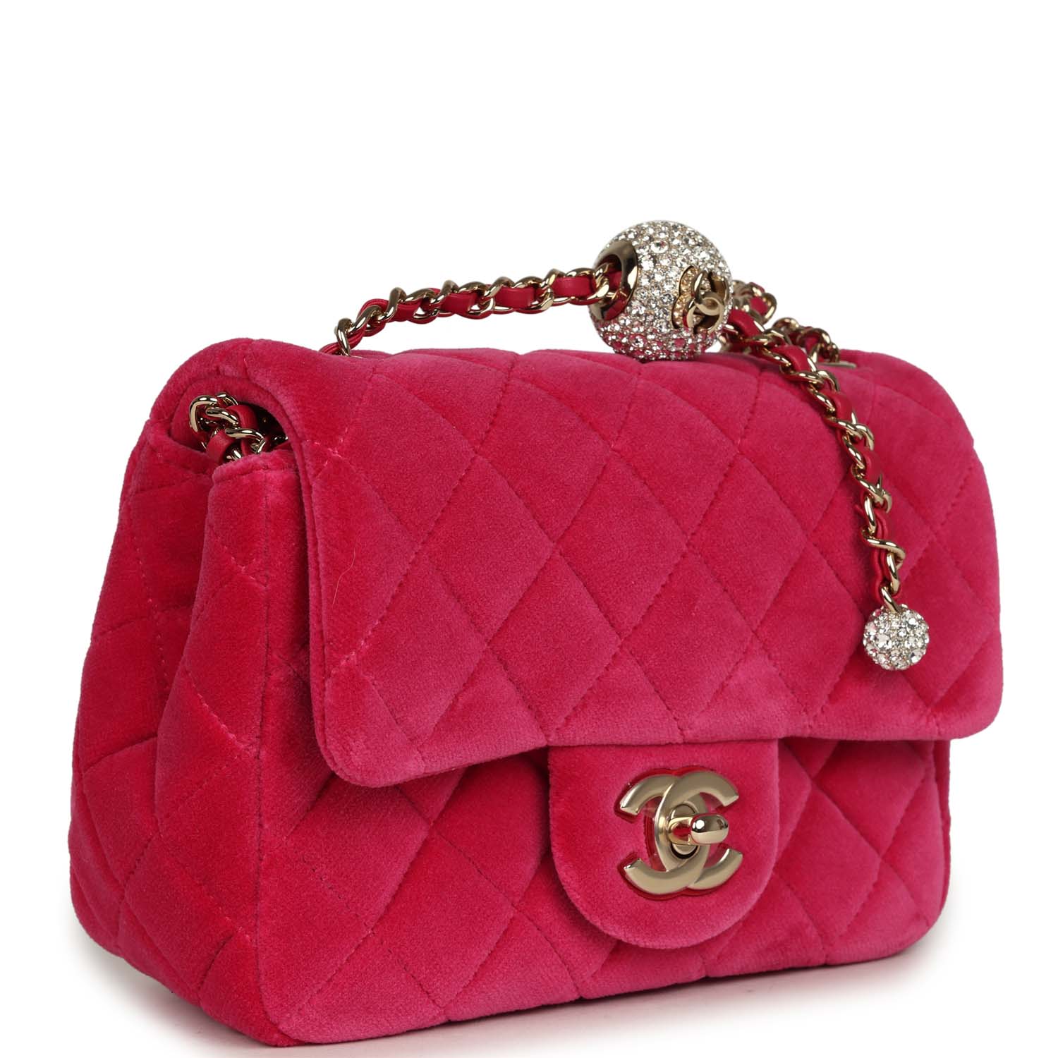 Mini Pearl Crush Square Flap Bag Fuchsia Velvet Light Gold Hardware