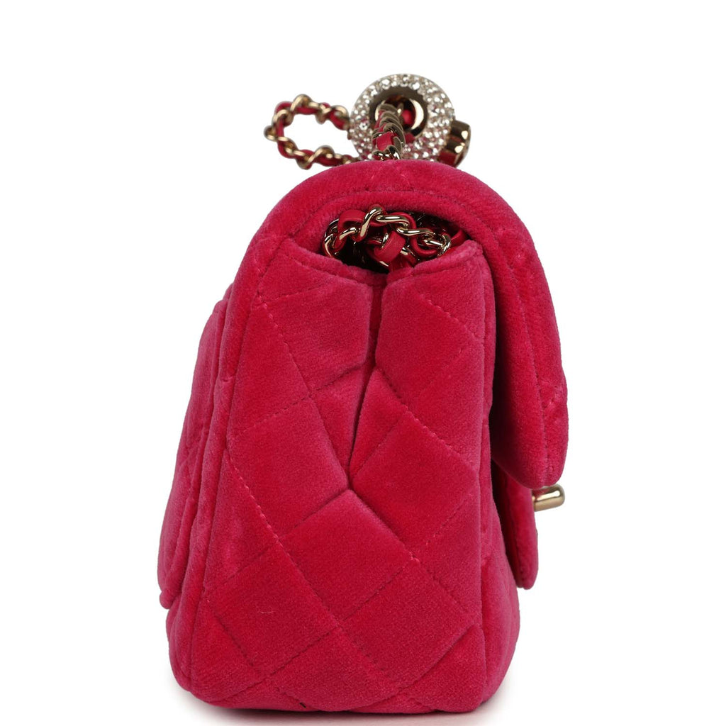 Mini Pearl Crush Square Flap Bag Fuchsia Velvet Light Gold Hardware