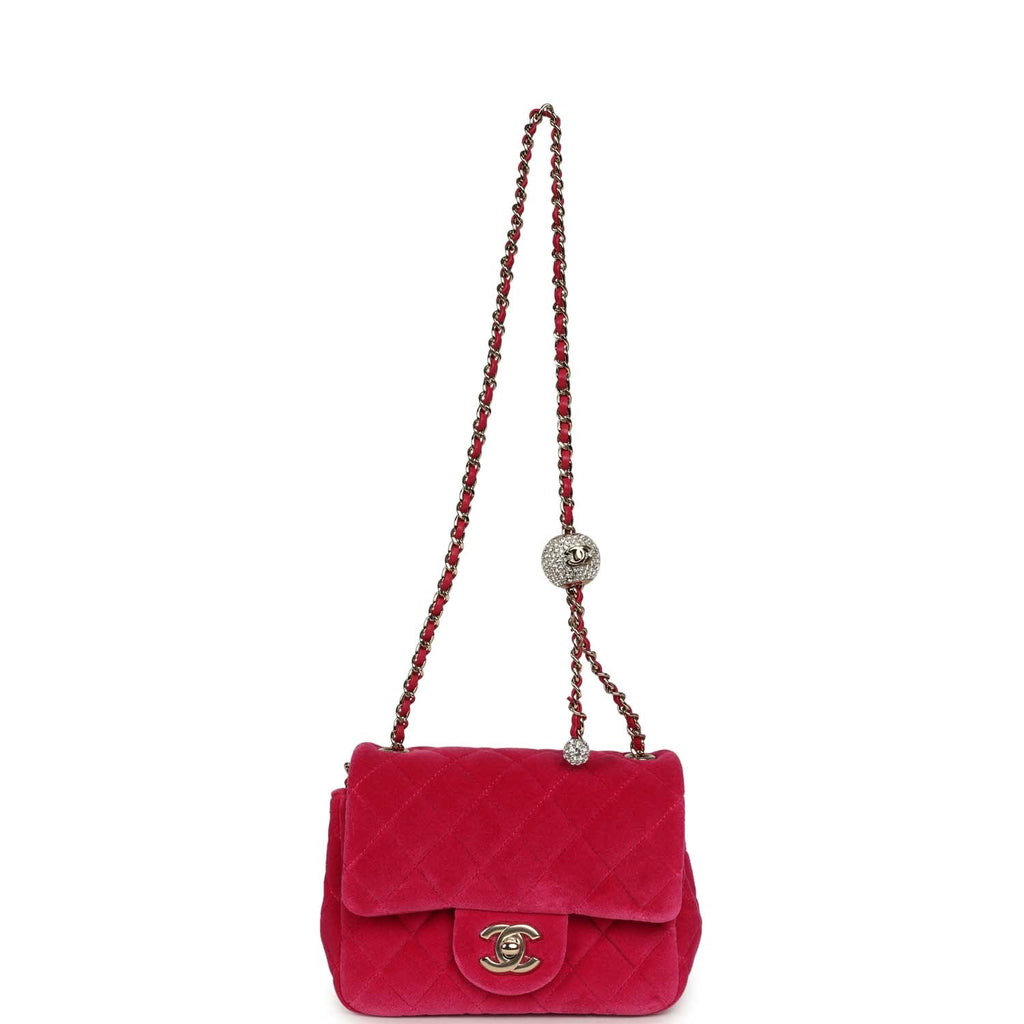Mini Pearl Crush Square Flap Bag Fuchsia Velvet Light Gold Hardware