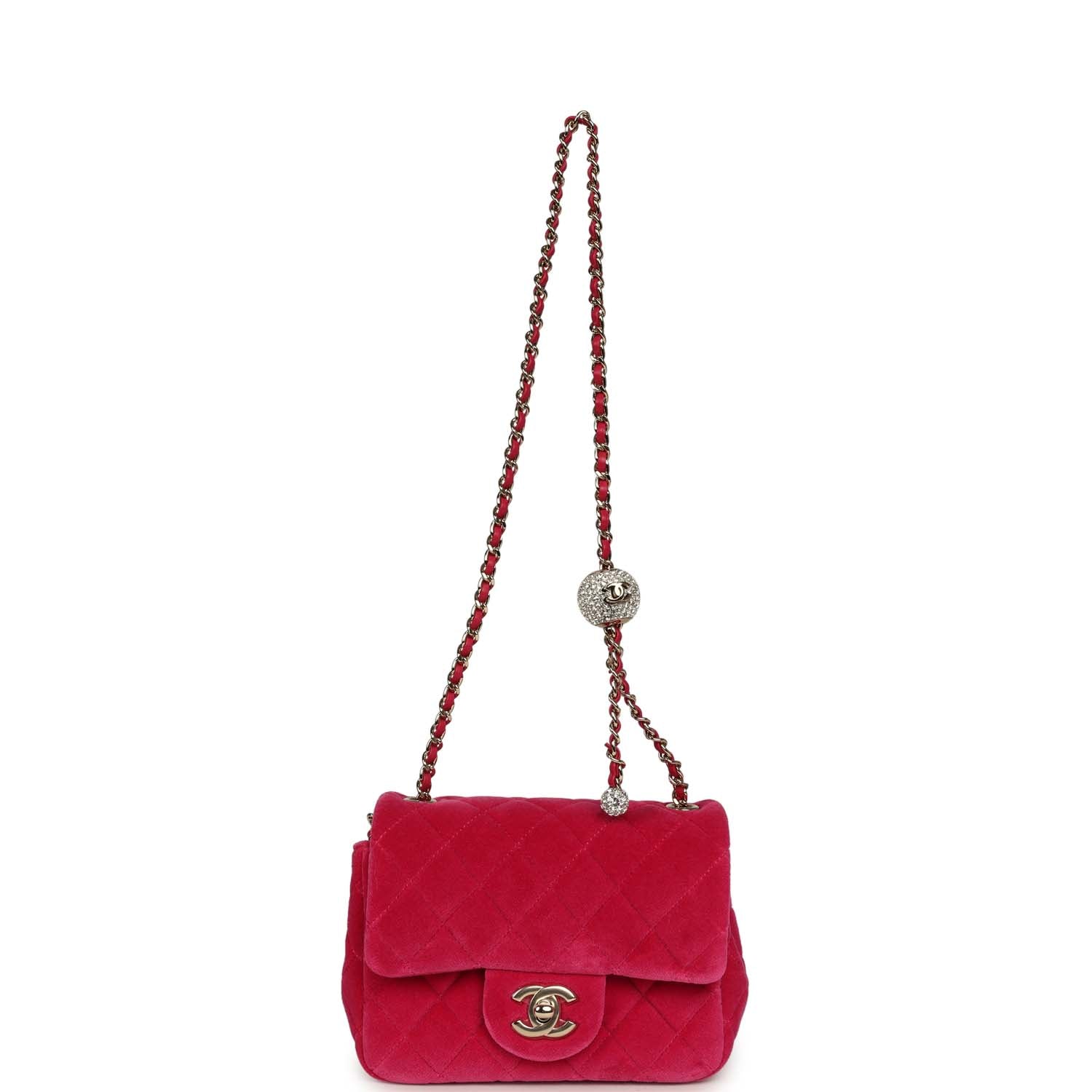 Mini Pearl Crush Square Flap Bag Fuchsia Velvet Light Gold Hardware