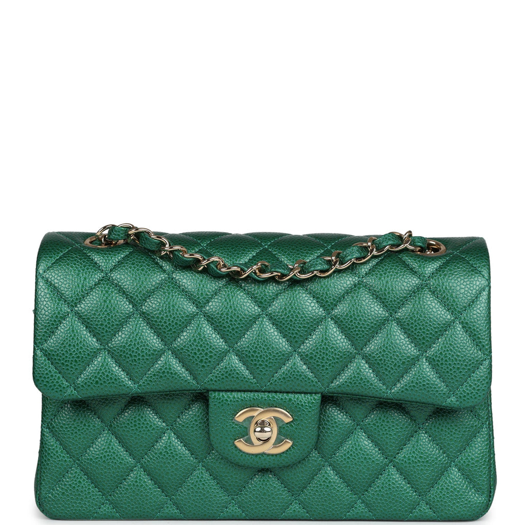 Small Classic Double Flap Bag Emerald Green Shiny Caviar Gold Hardware