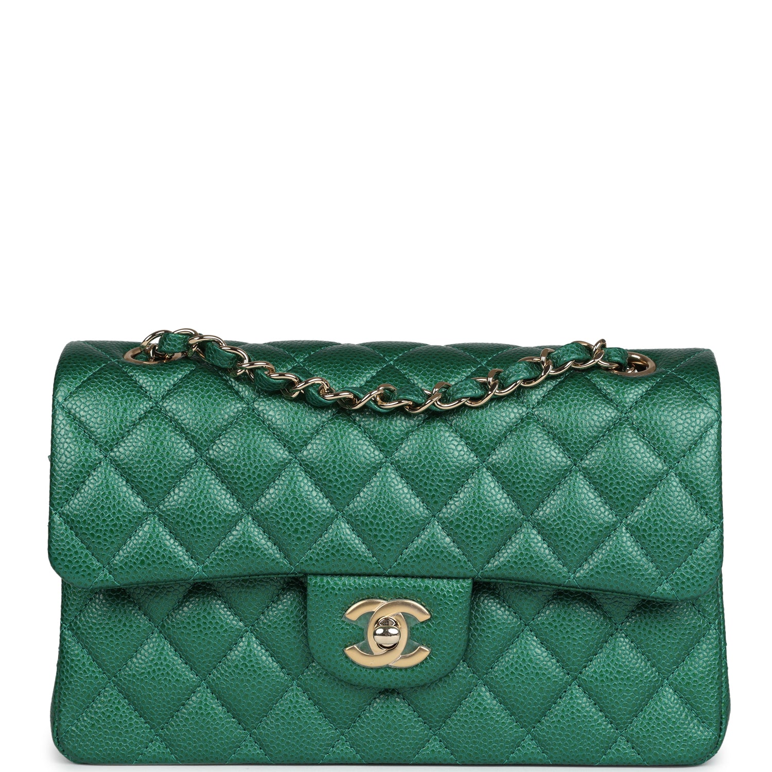 Small Classic Double Flap Bag Emerald Green Shiny Caviar Gold Hardware