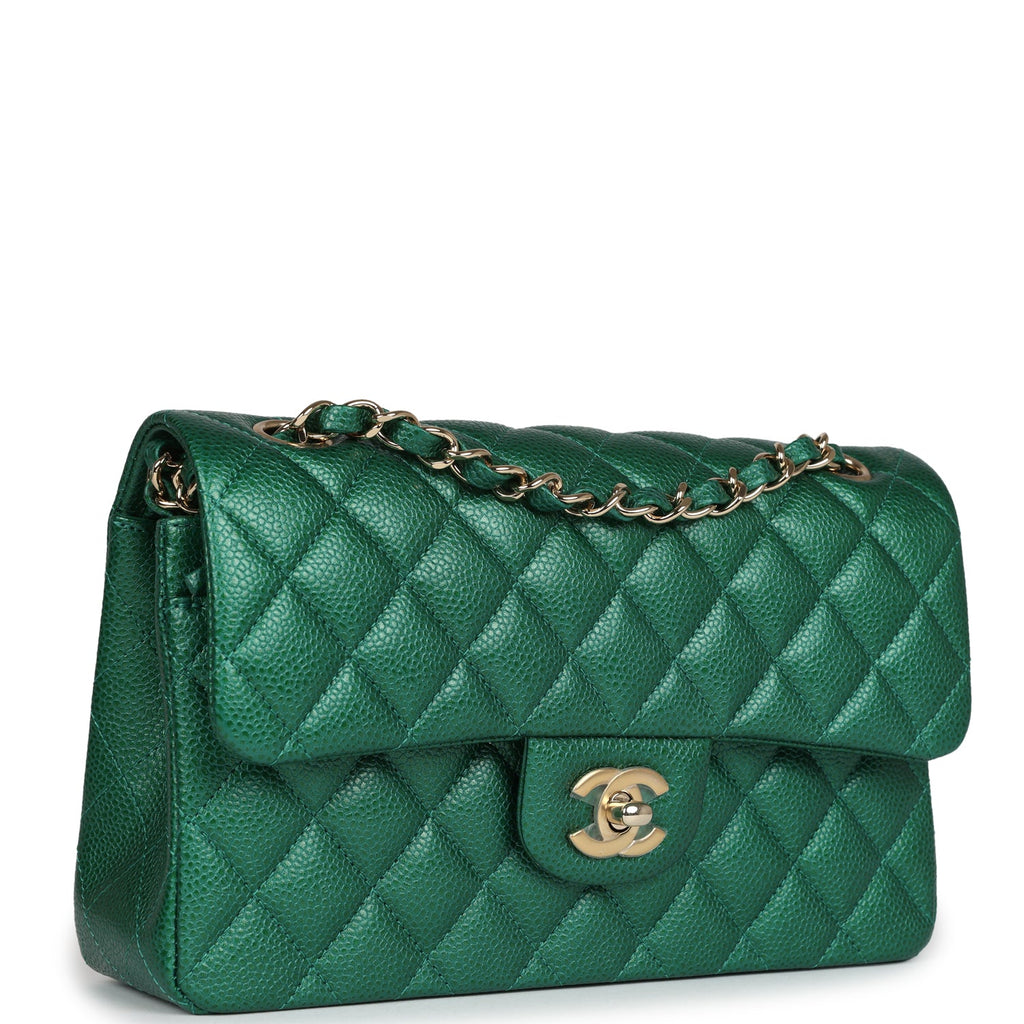 Small Classic Double Flap Bag Emerald Green Shiny Caviar Gold Hardware