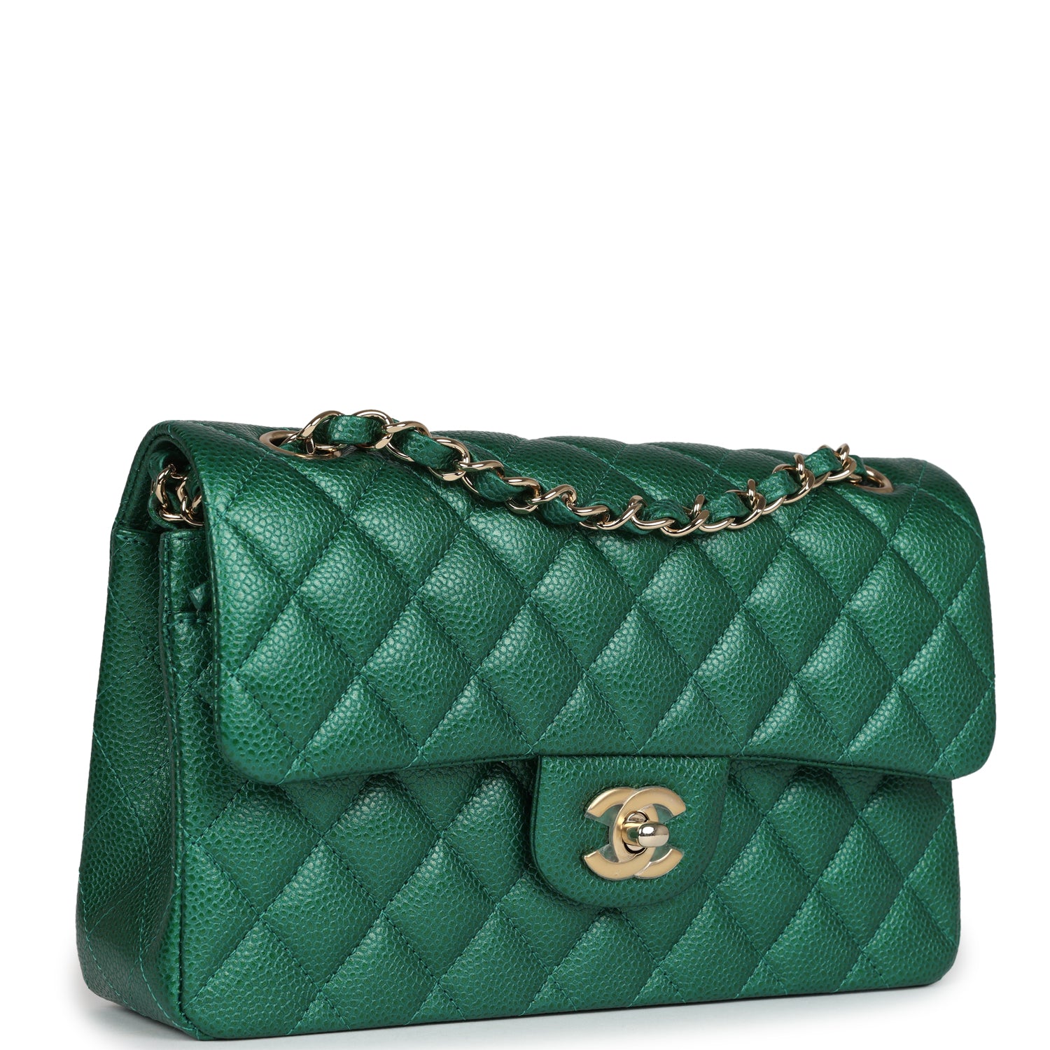 Small Classic Double Flap Bag Emerald Green Shiny Caviar Gold Hardware