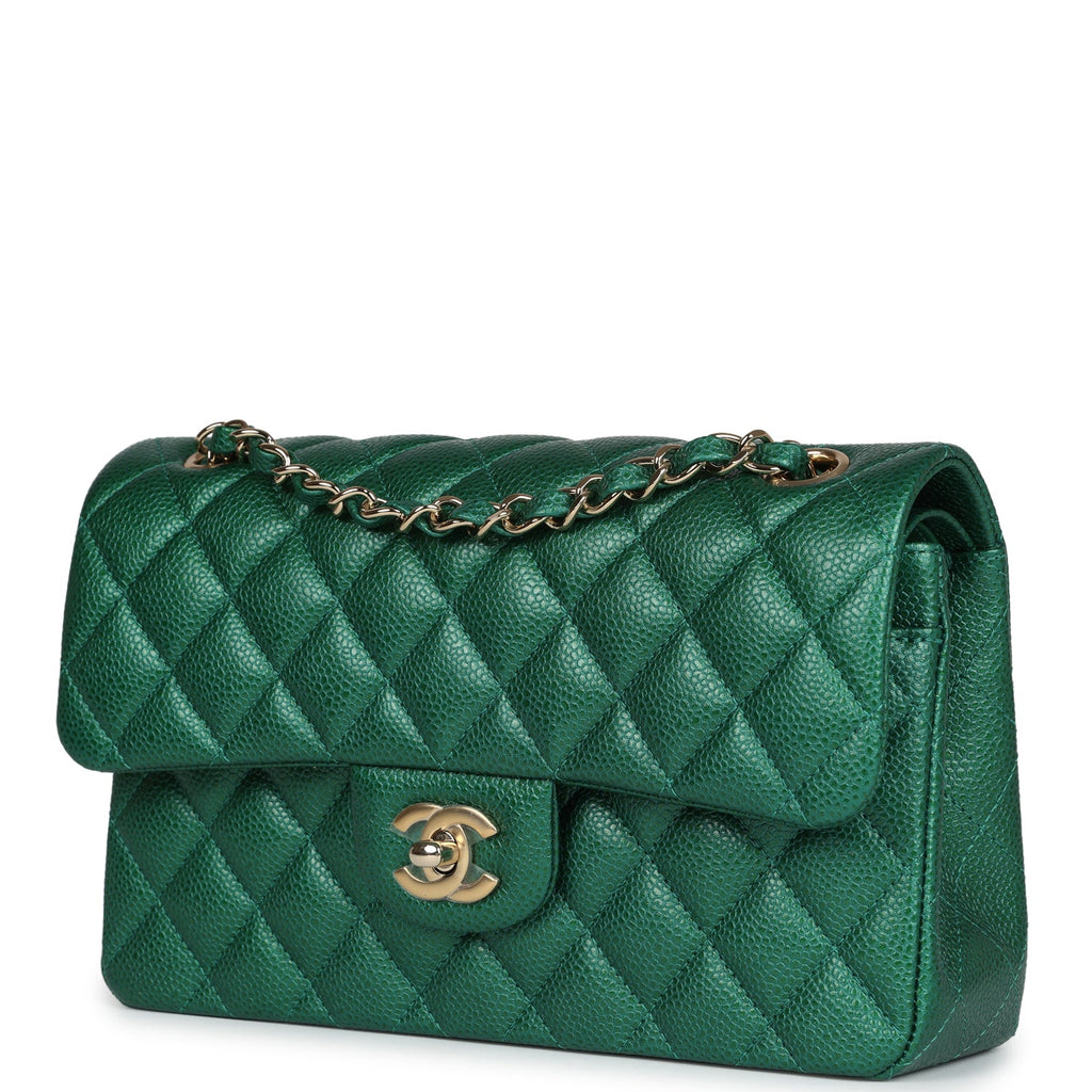 Small Classic Double Flap Bag Emerald Green Shiny Caviar Gold Hardware