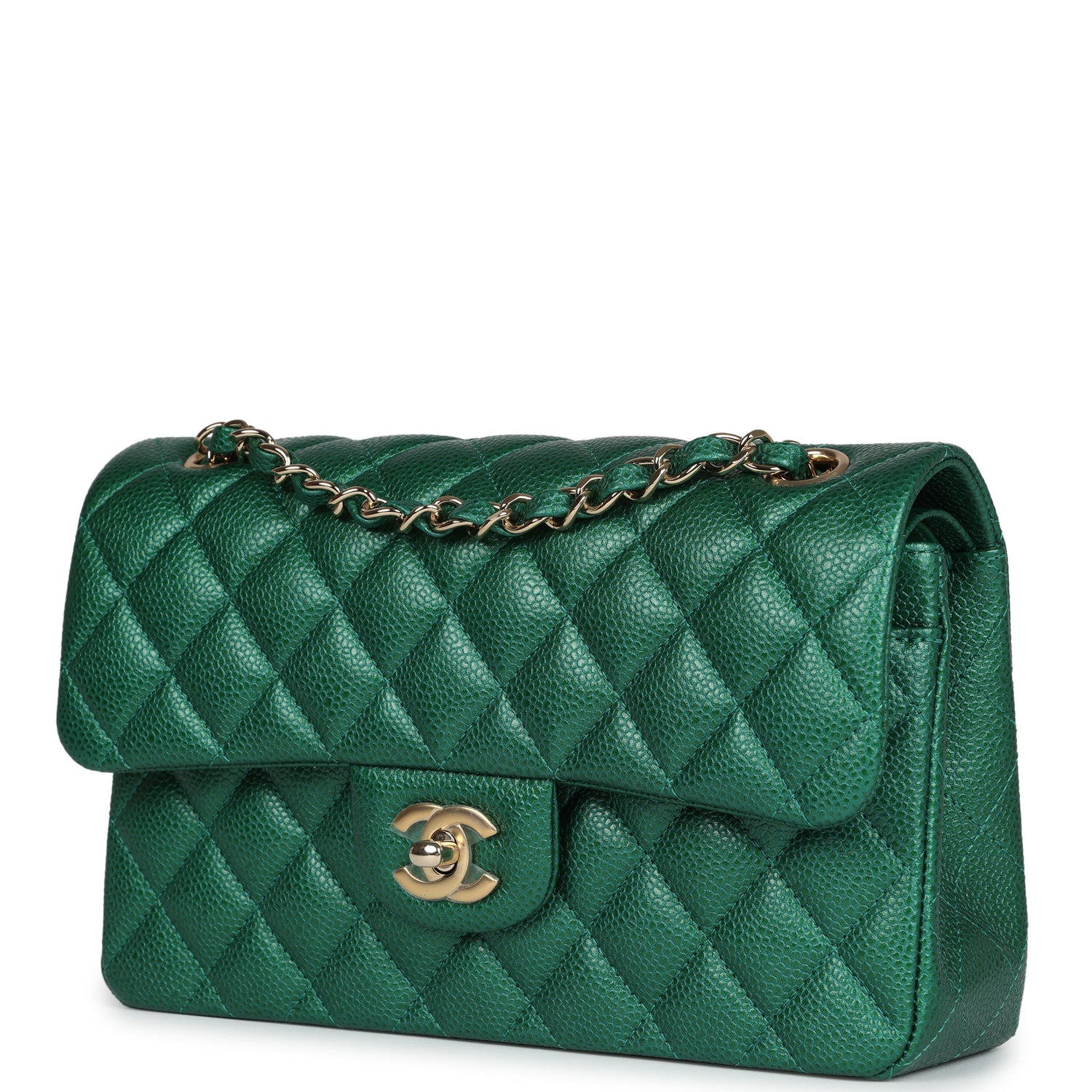 Small Classic Double Flap Bag Emerald Green Shiny Caviar Gold Hardware