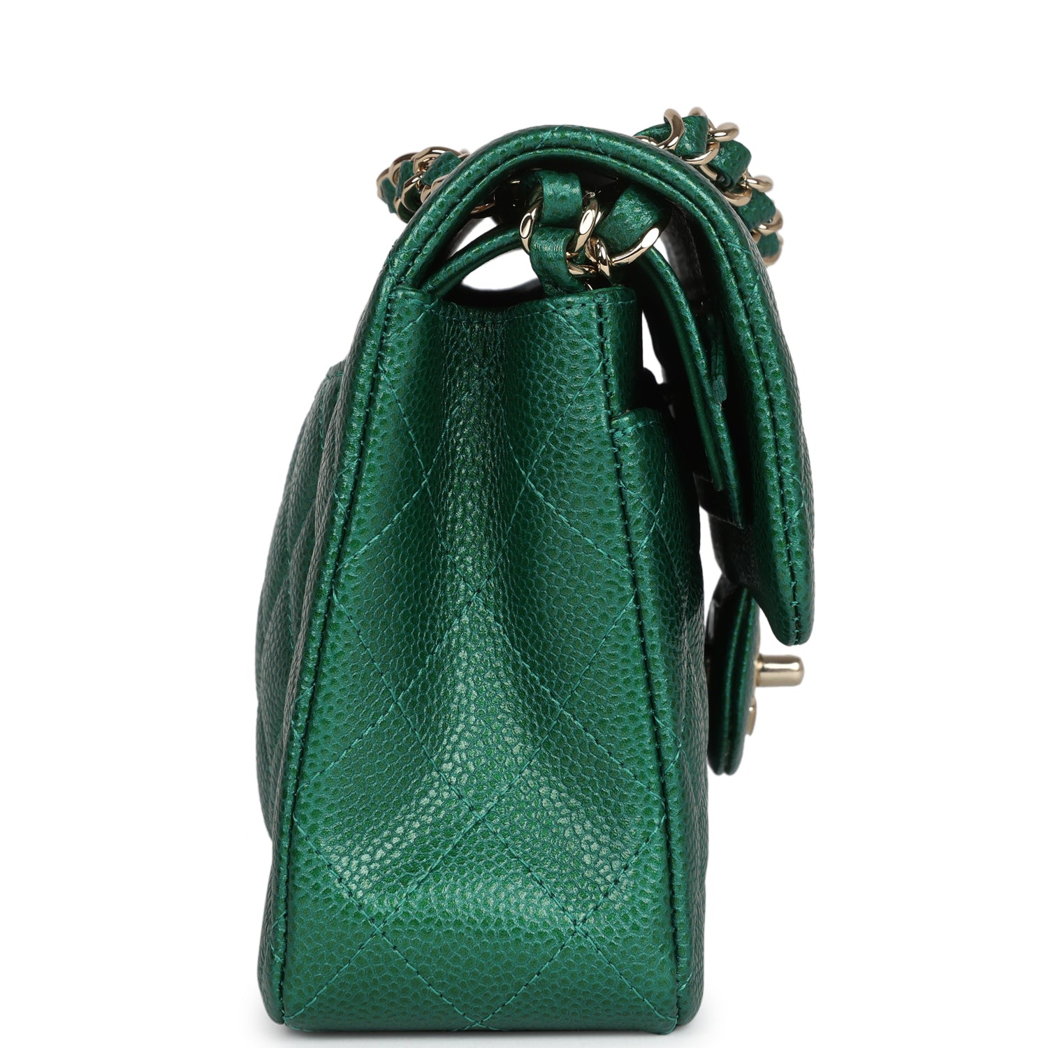 Small Classic Double Flap Bag Emerald Green Shiny Caviar Gold Hardware