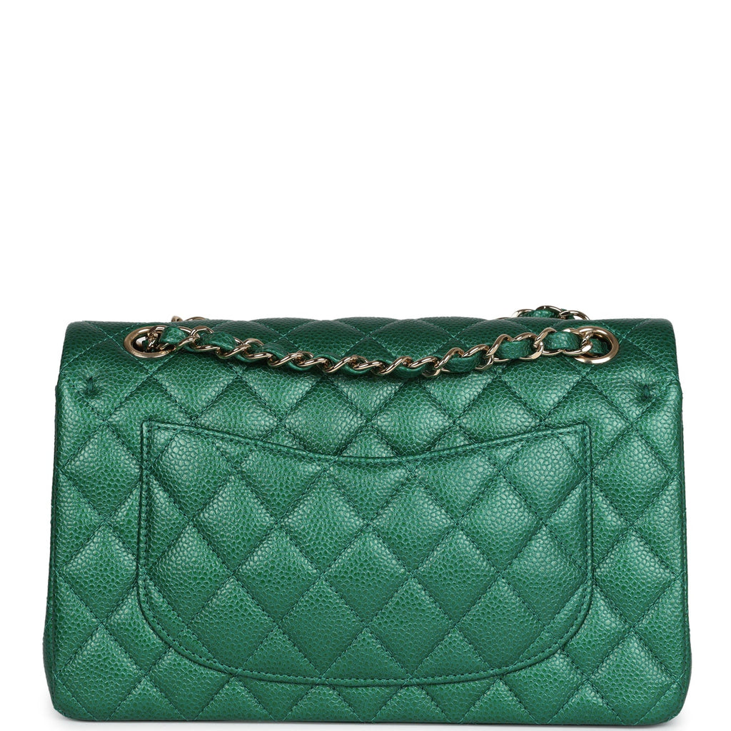 Small Classic Double Flap Bag Emerald Green Shiny Caviar Gold Hardware