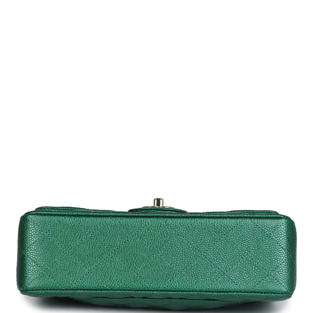 Small Classic Double Flap Bag Emerald Green Shiny Caviar Gold Hardware