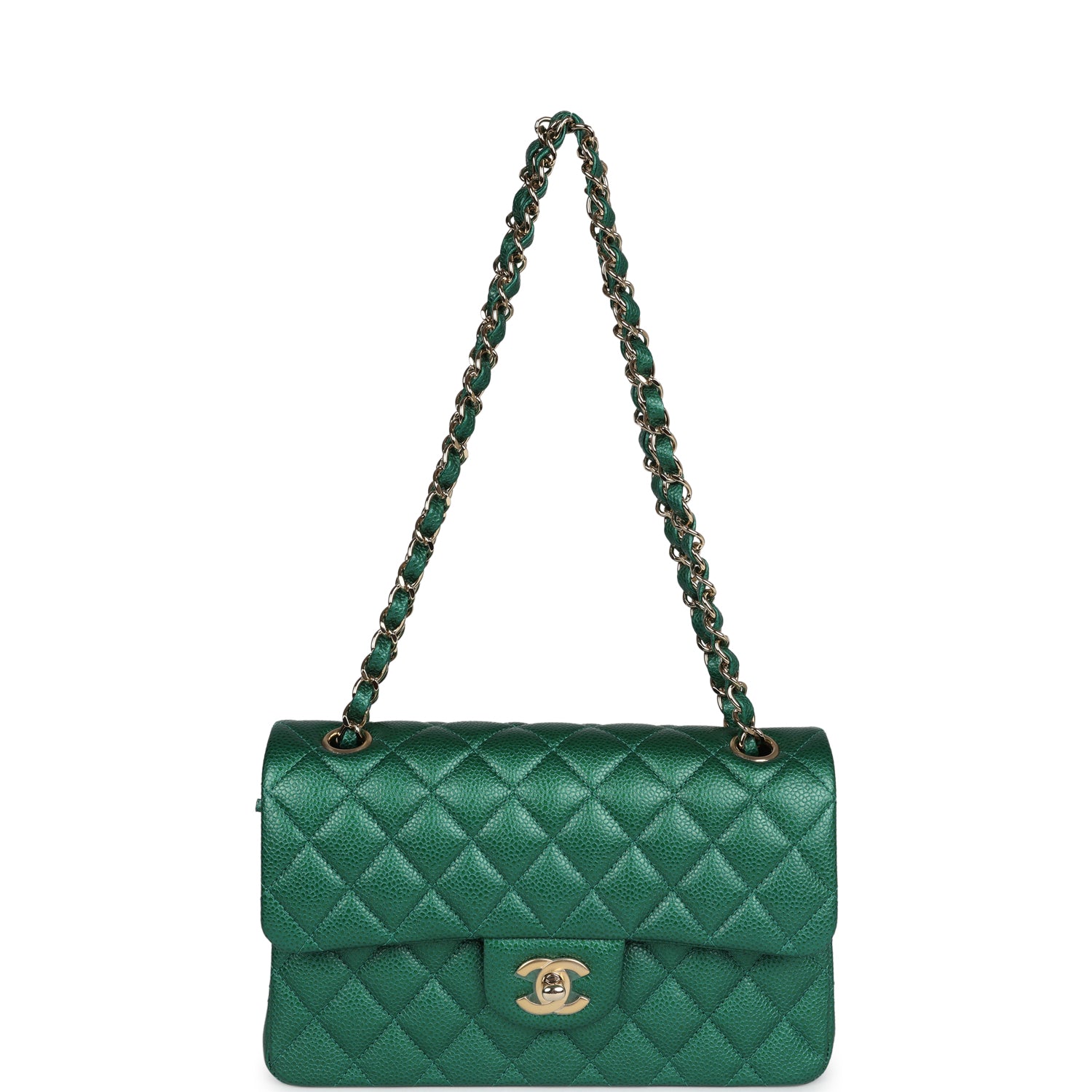 Small Classic Double Flap Bag Emerald Green Shiny Caviar Gold Hardware