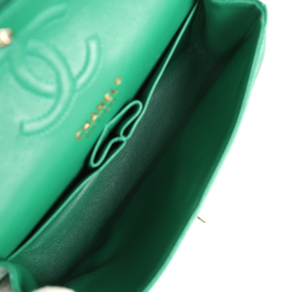 Small Classic Double Flap Bag Emerald Green Shiny Caviar Gold Hardware