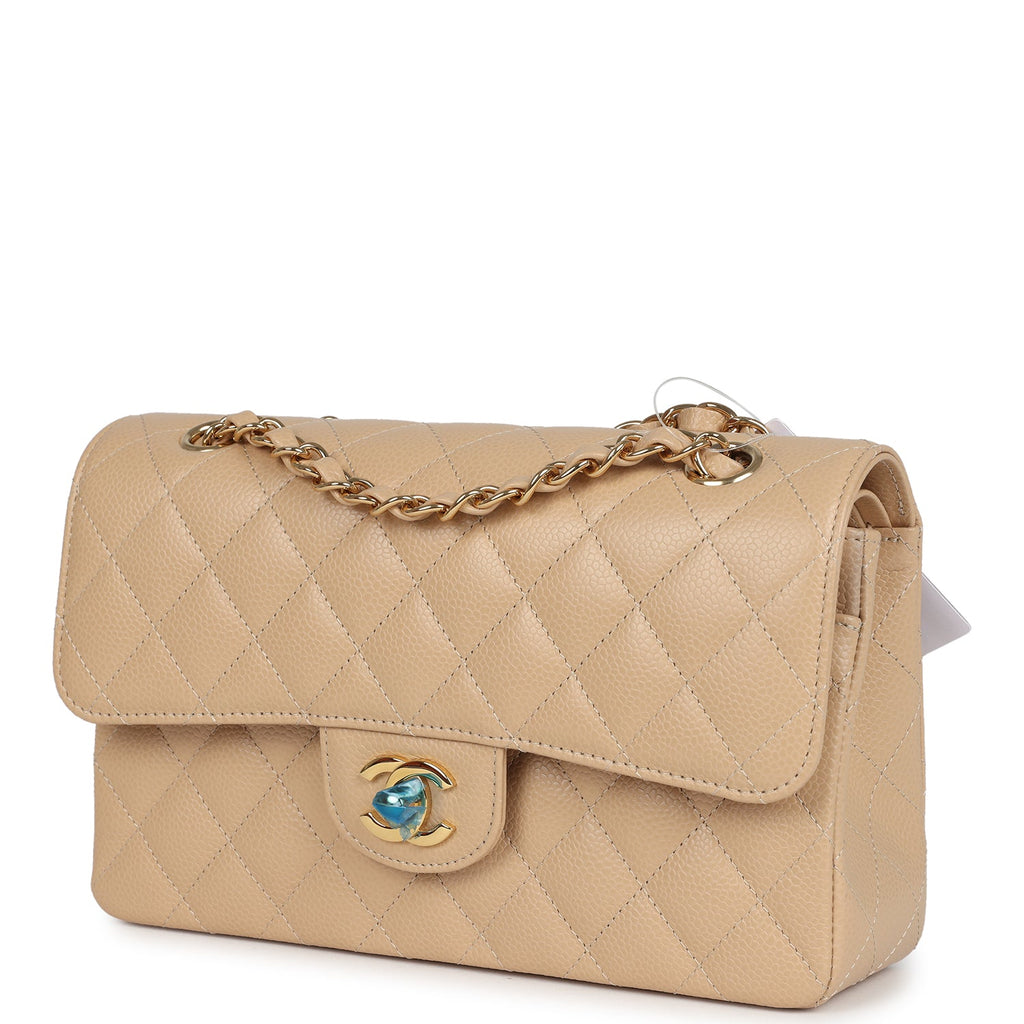 Small Classic Double Flap Bag Beige Caviar Gold Hardware