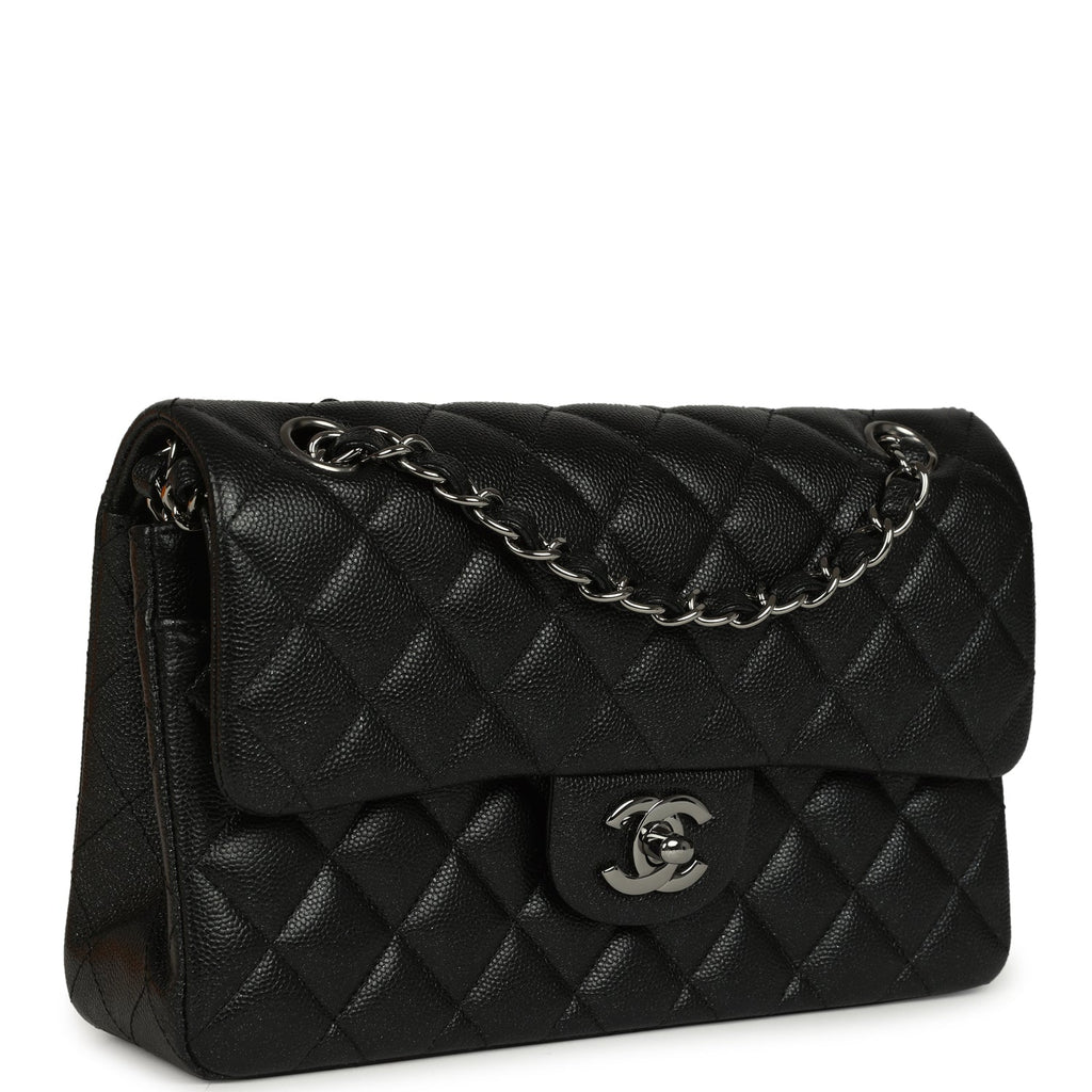 Small Classic Double Flap Bag Black Iridescent Caviar Ruthenium Hardware