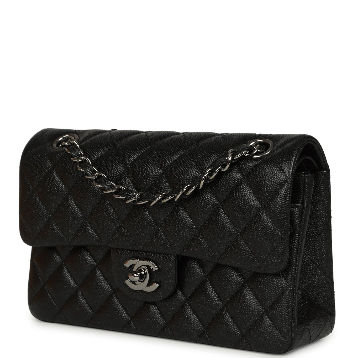 Small Classic Double Flap Bag Black Iridescent Caviar Ruthenium Hardware
