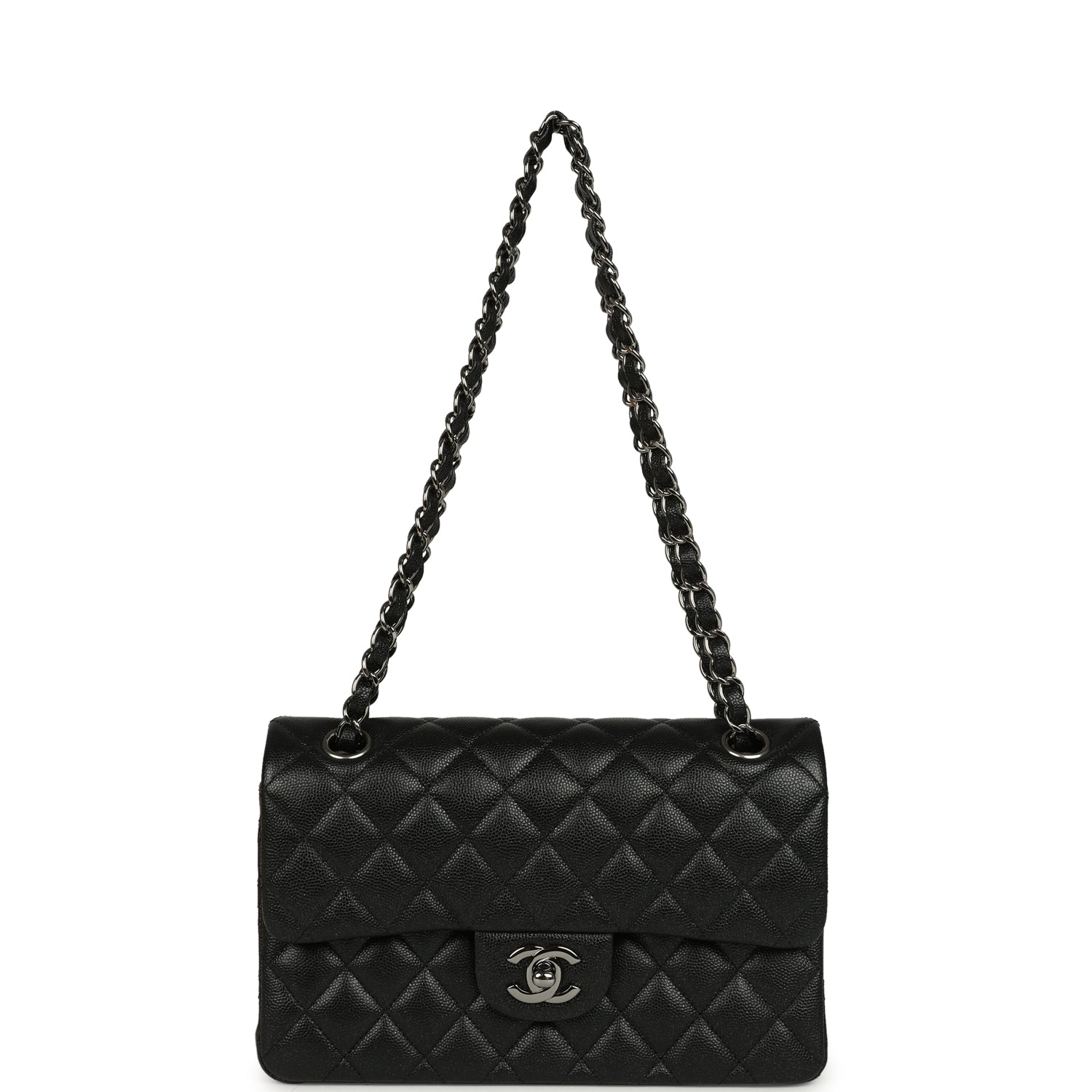 Small Classic Double Flap Bag Black Iridescent Caviar Ruthenium Hardware