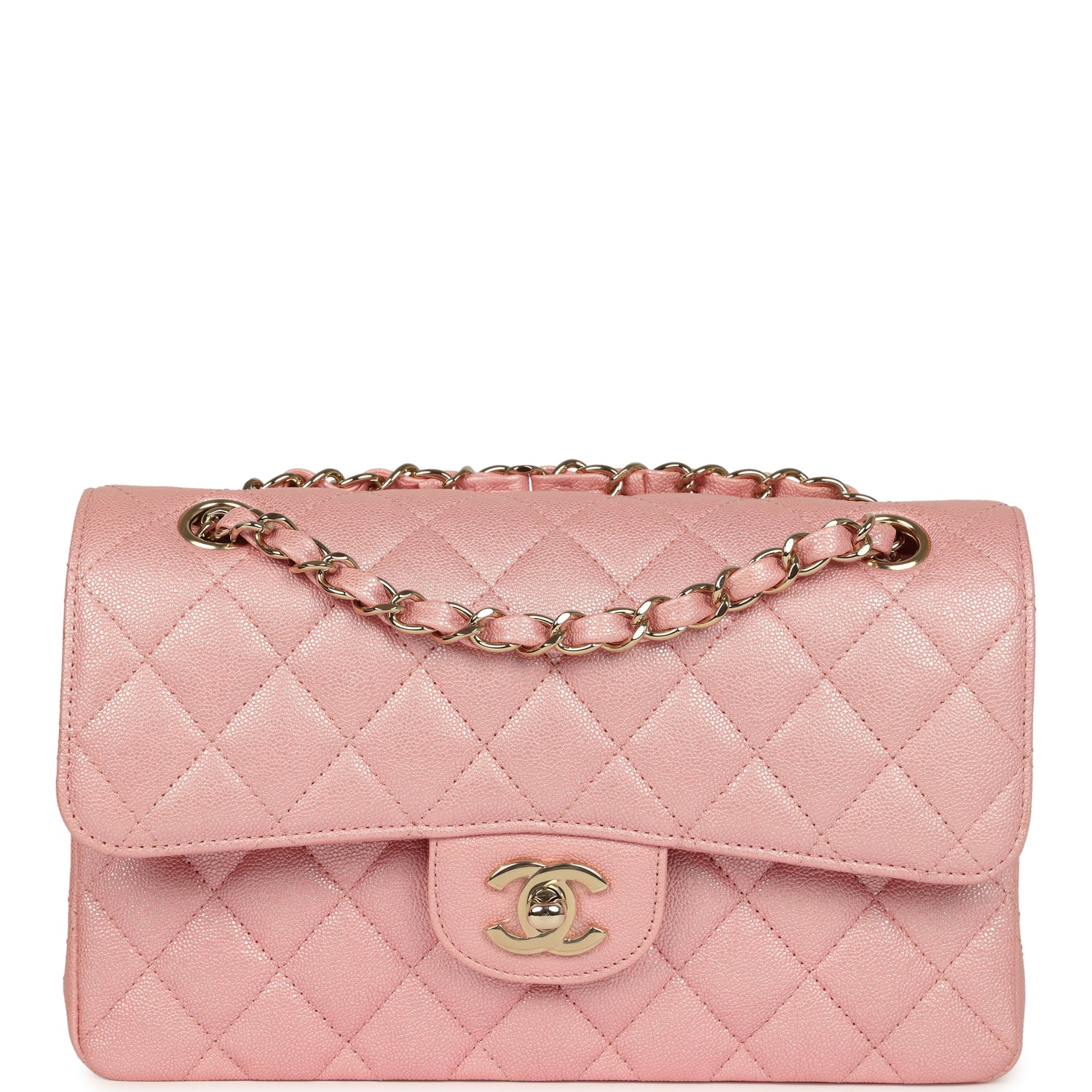 Small Classic Double Flap Bag Pink Iridescent Caviar Light Gold Hardware
