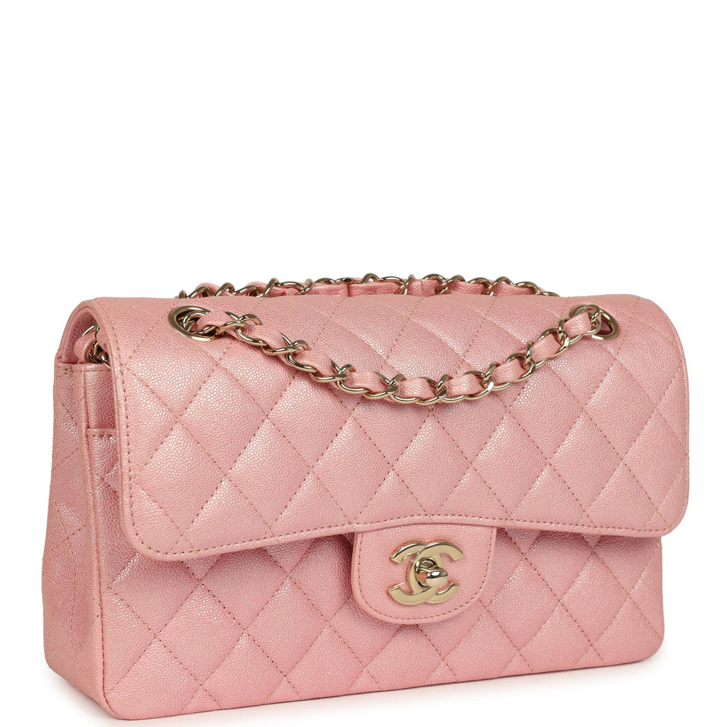 Small Classic Double Flap Bag Pink Iridescent Caviar Light Gold Hardware