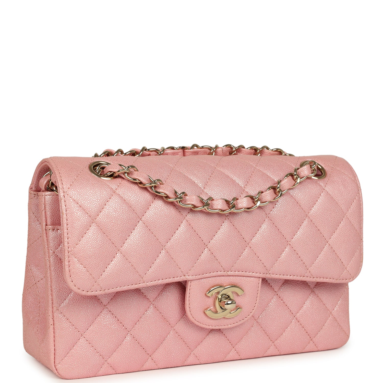 Small Classic Double Flap Bag Pink Iridescent Caviar Light Gold Hardware