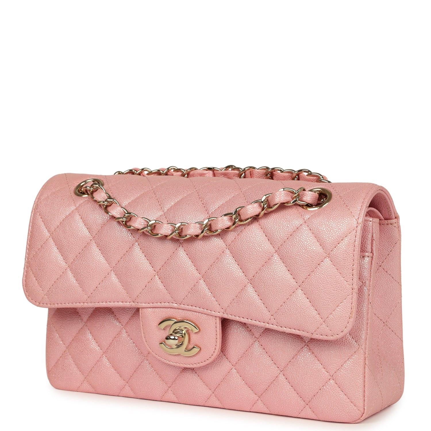 Small Classic Double Flap Bag Pink Iridescent Caviar Light Gold Hardware