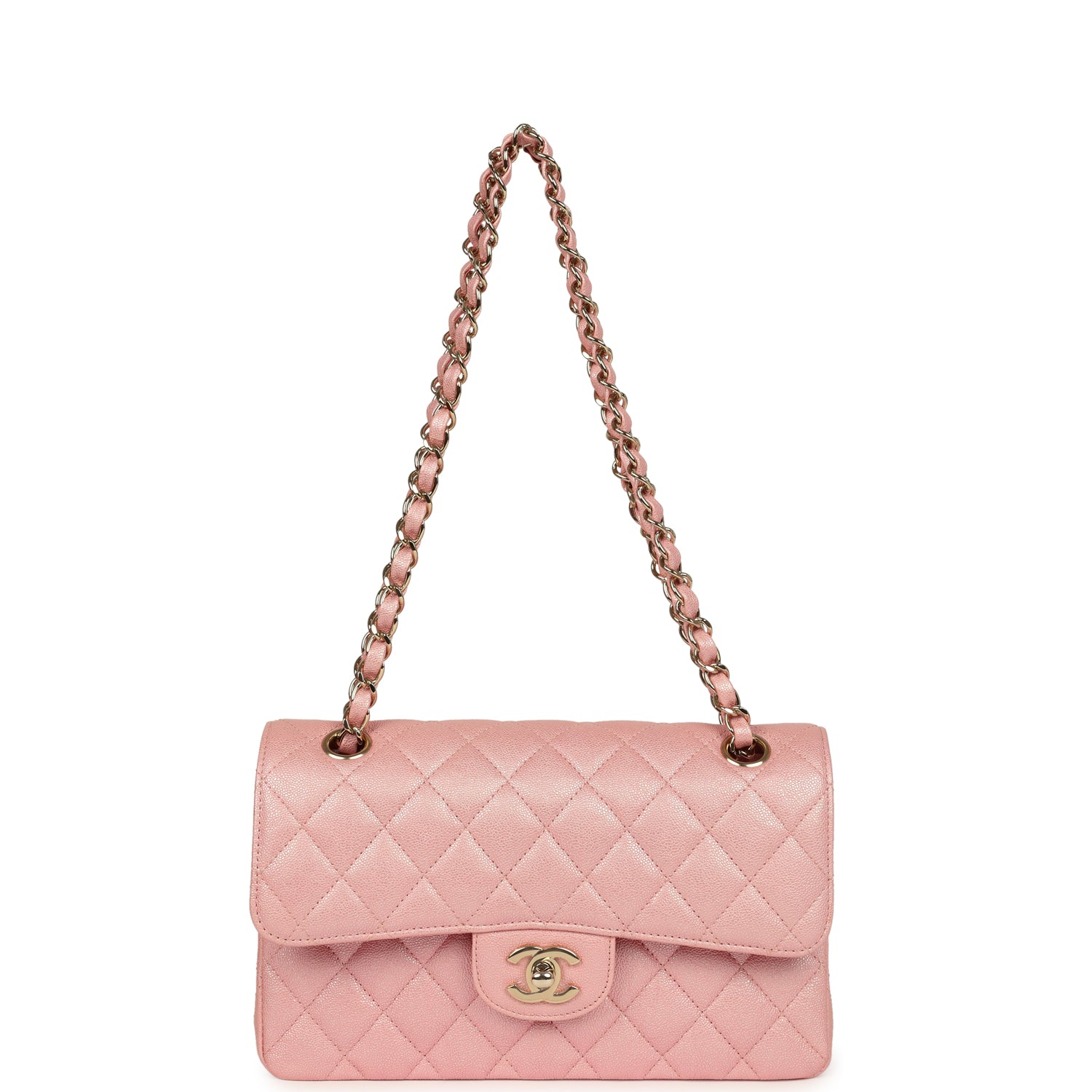 Small Classic Double Flap Bag Pink Iridescent Caviar Light Gold Hardware