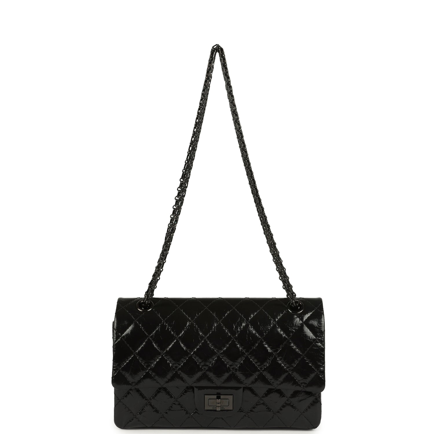 Small Reissue 225 2.55 Double Flap Bag So Black Shiny Crumpled Calfskin Black Hardware